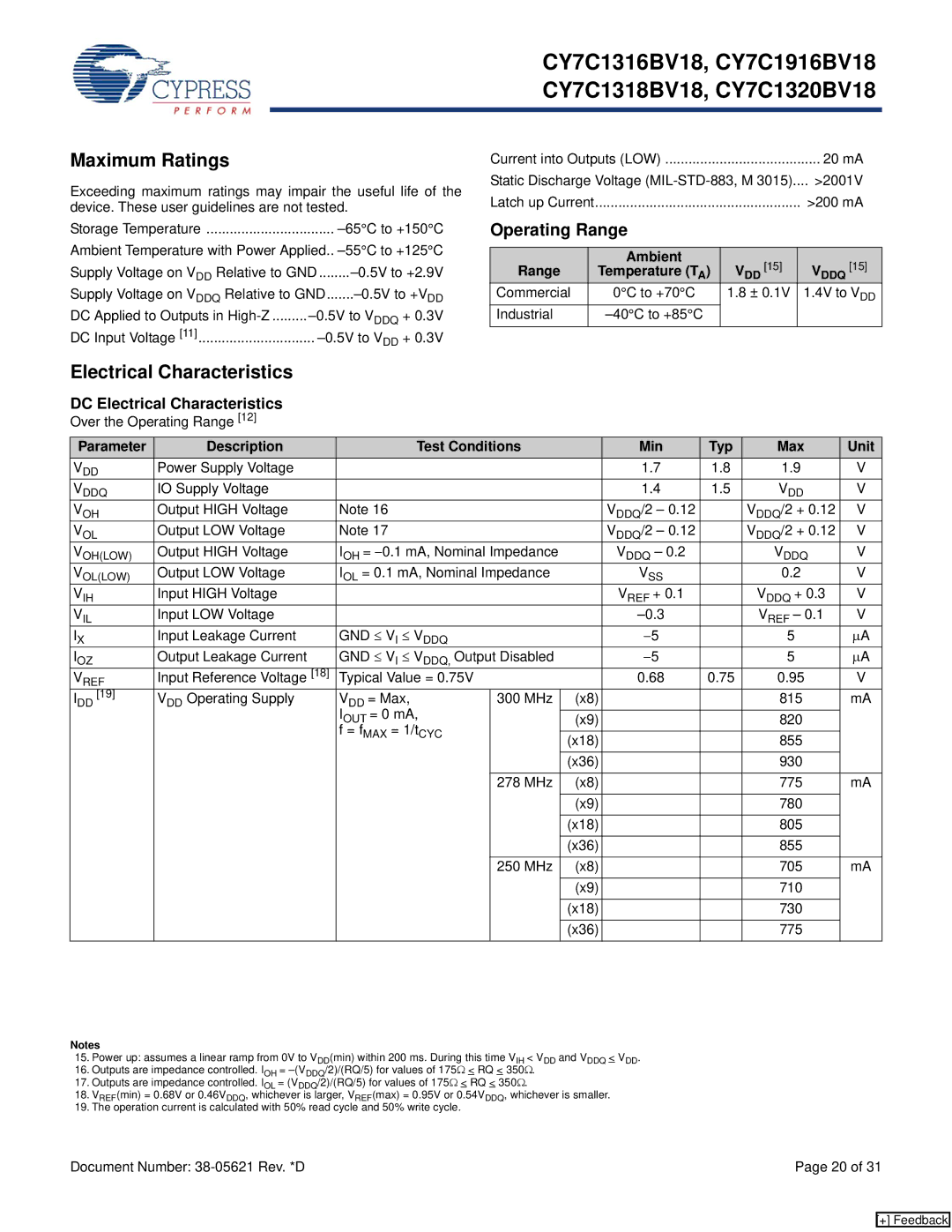 Cypress CY7C1318BV18, CY7C1320BV18, CY7C1316BV18, CY7C1916BV18 manual Maximum Ratings, DC Electrical Characteristics 