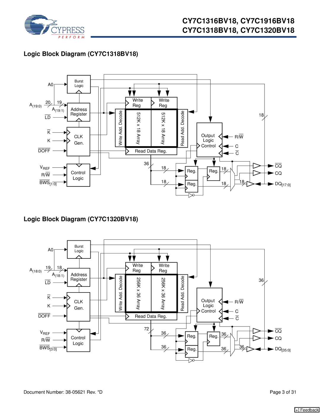 Cypress CY7C1916BV18, CY7C1316BV18 manual Logic Block Diagram CY7C1318BV18, Logic Block Diagram CY7C1320BV18, Bws 