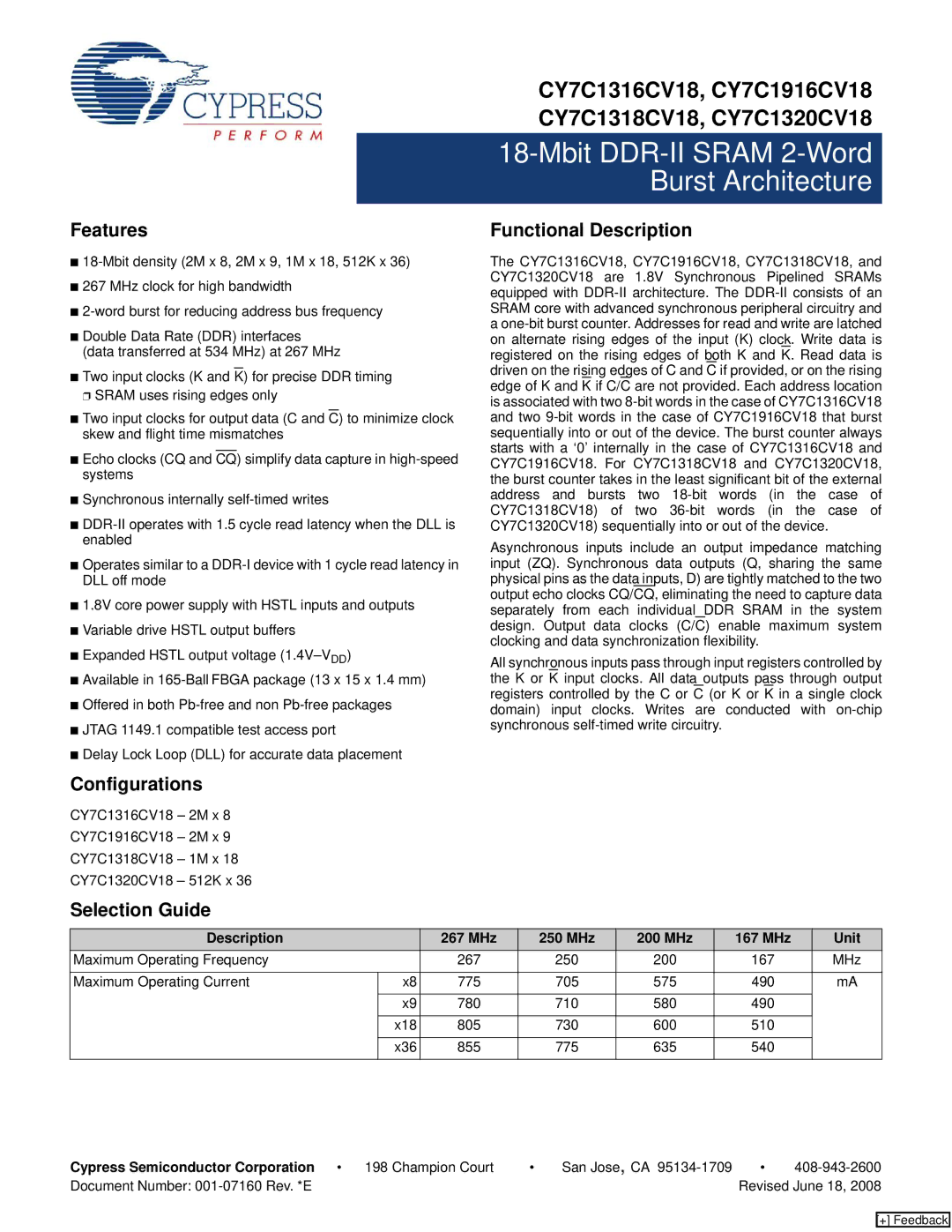 Cypress CY7C1320CV18, CY7C1318CV18, CY7C1316CV18 manual Features, Functional Description, Configurations, Selection Guide 