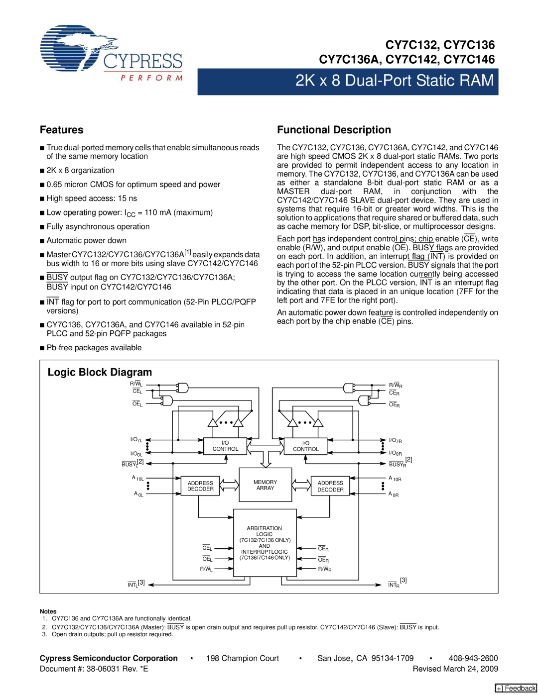 Cypress CY7C132, CY7C136A, CY7C146, CY7C142 manual Features, Functional Description, Logic Block Diagram 