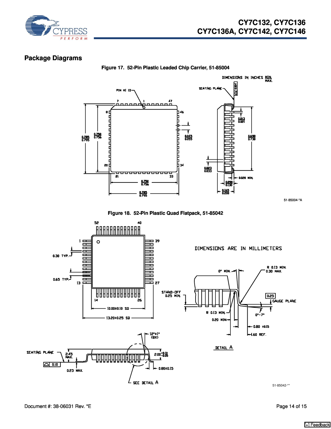 Cypress Package Diagrams, CY7C132, CY7C136 CY7C136A, CY7C142, CY7C146, 52-Pin Plastic Leaded Chip Carrier, + Feedback 