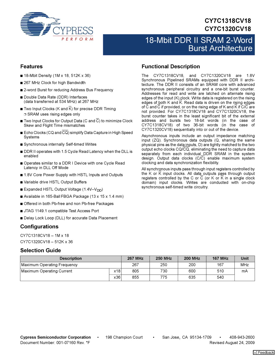 Cypress CY7C1320CV18-250BZC, CY7C1320CV18-200BZC manual Features, Functional Description, Configurations, Selection Guide 