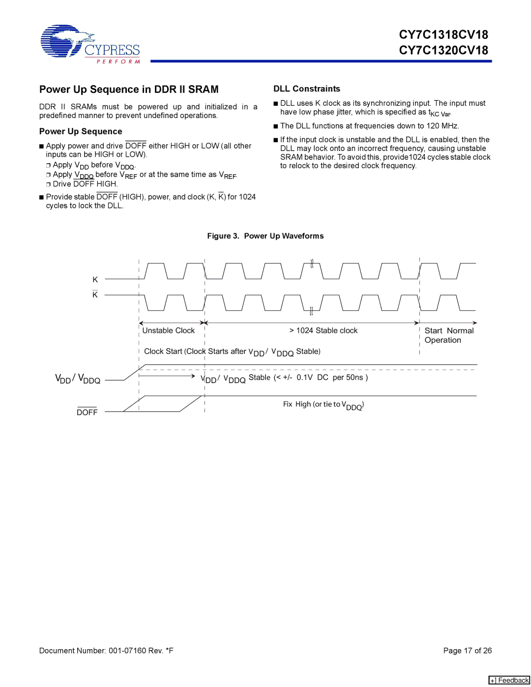 Cypress CY7C1320CV18-250BZXC, CY7C1320CV18-200BZC, CY7C1320CV18-250BZC Power Up Sequence in DDR II Sram, DLL Constraints 