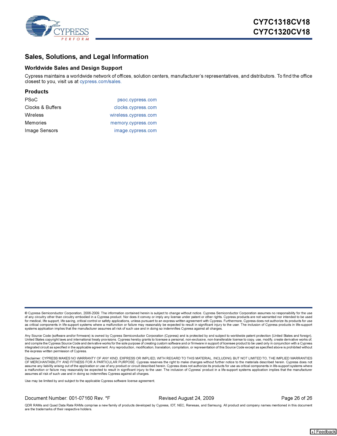 Cypress CY7C1320CV18-267BZXC manual Sales, Solutions, and Legal Information, Worldwide Sales and Design Support Products 
