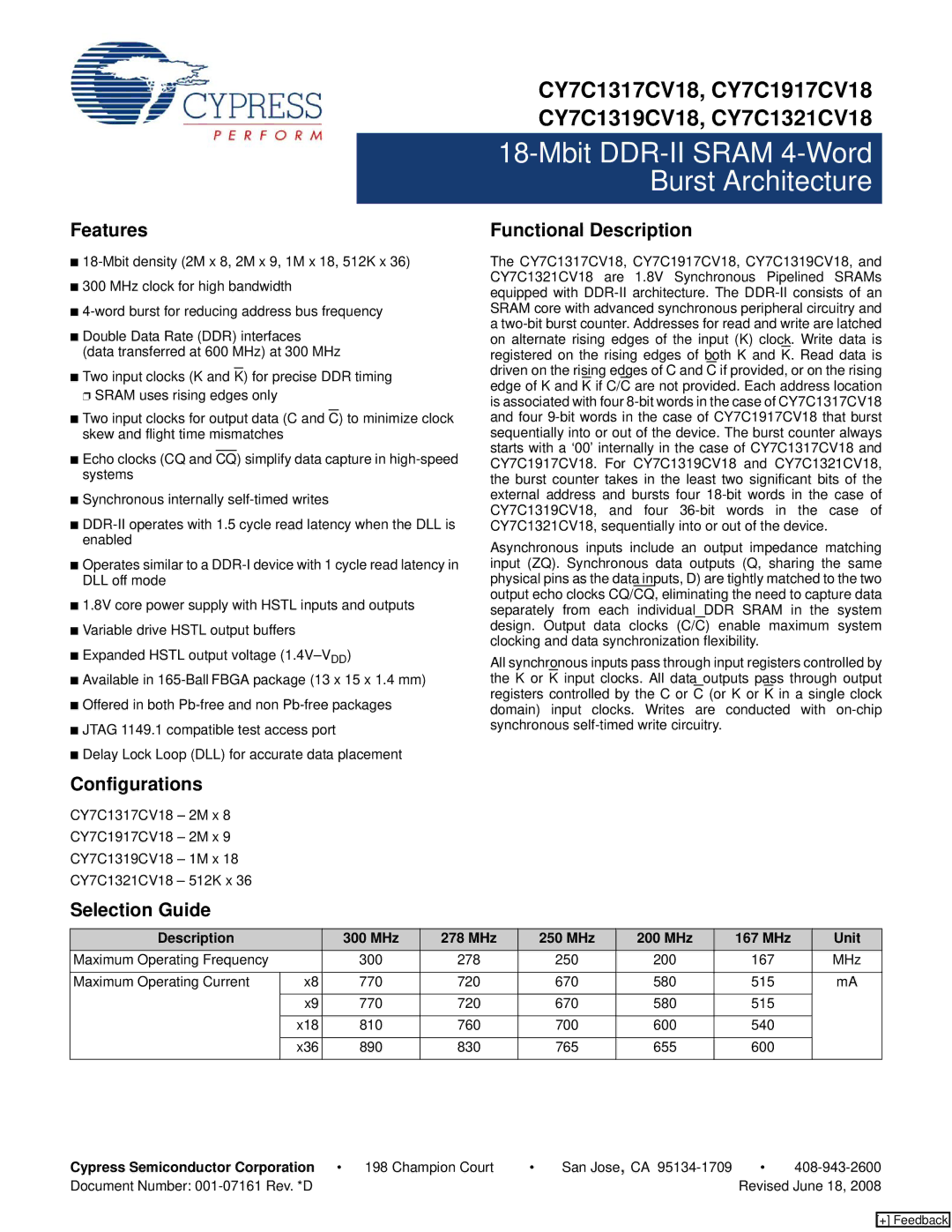 Cypress CY7C1319CV18, CY7C1321CV18, CY7C1317CV18 manual Features, Functional Description, Configurations, Selection Guide 