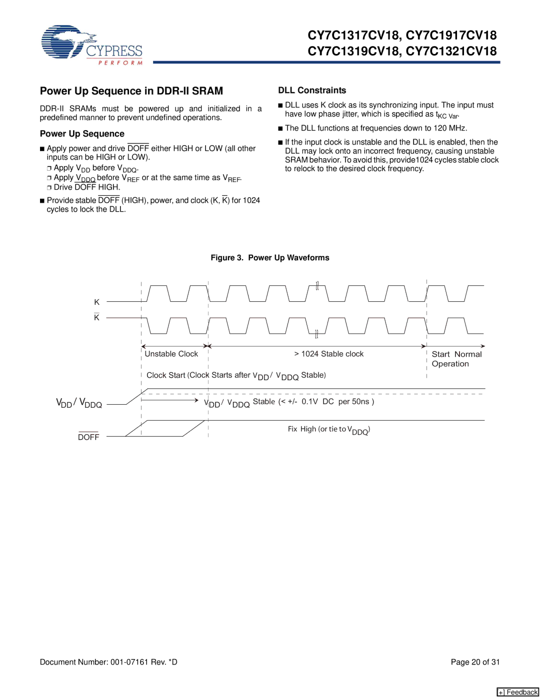 Cypress CY7C1321CV18, CY7C1319CV18, CY7C1317CV18, CY7C1917CV18 manual Power Up Sequence in DDR-II Sram, DLL Constraints 