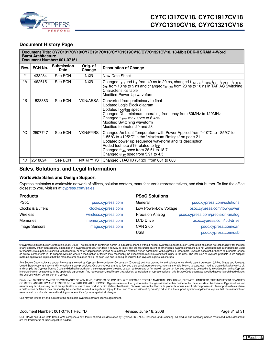 Cypress CY7C1917CV18 Sales, Solutions, and Legal Information, Worldwide Sales and Design Support Products PSoC Solutions 