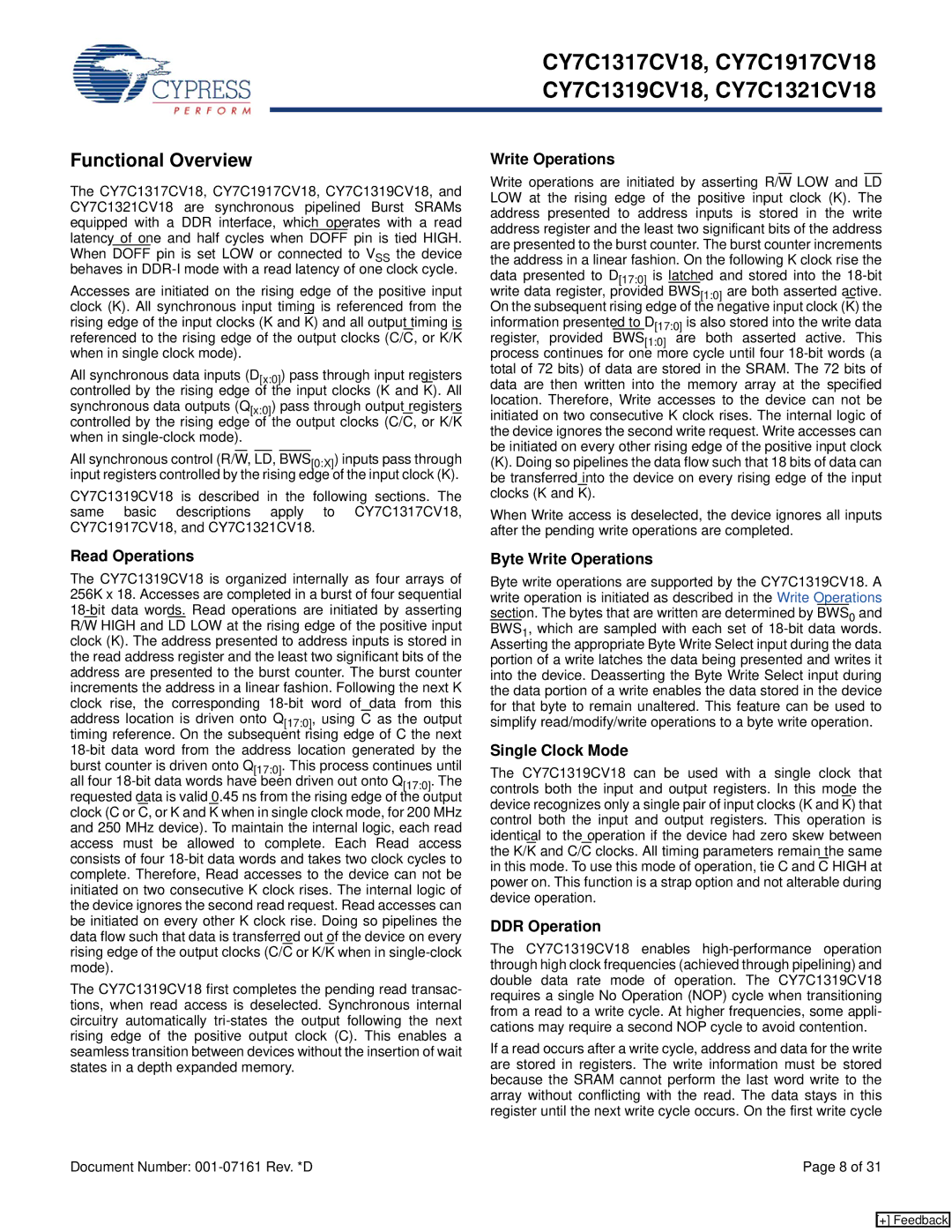 Cypress CY7C1321CV18, CY7C1319CV18, CY7C1317CV18, CY7C1917CV18 manual Functional Overview 