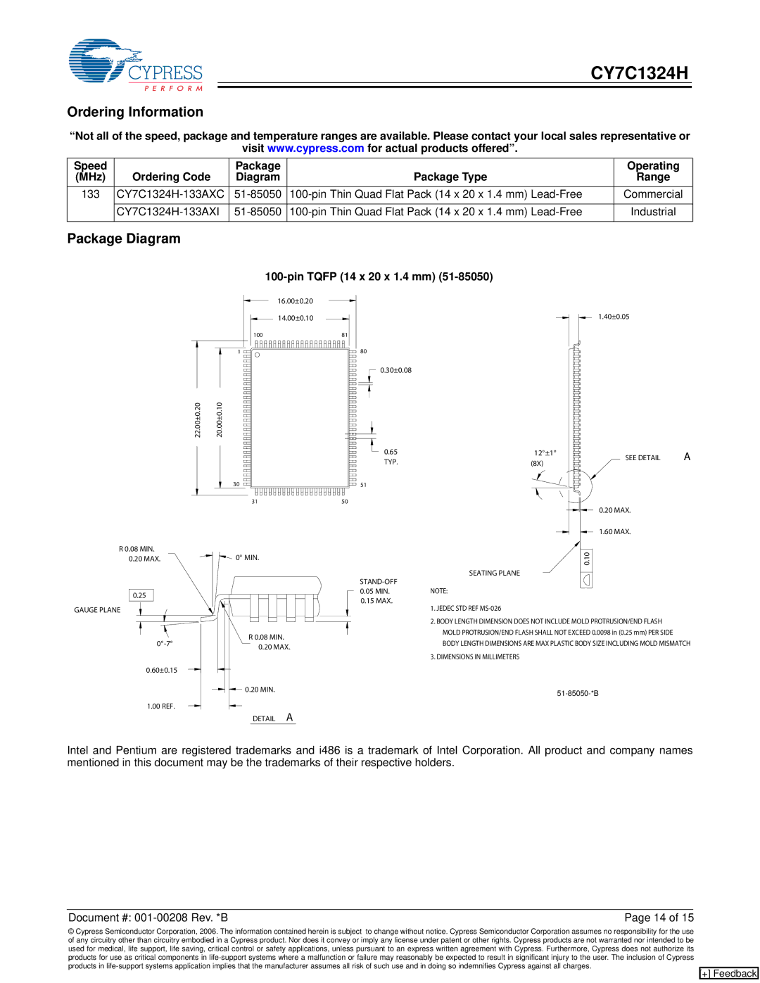 Cypress CY7C1324H manual Ordering Information, Package Diagram, Pin Tqfp 14 x 20 x 1.4 mm 