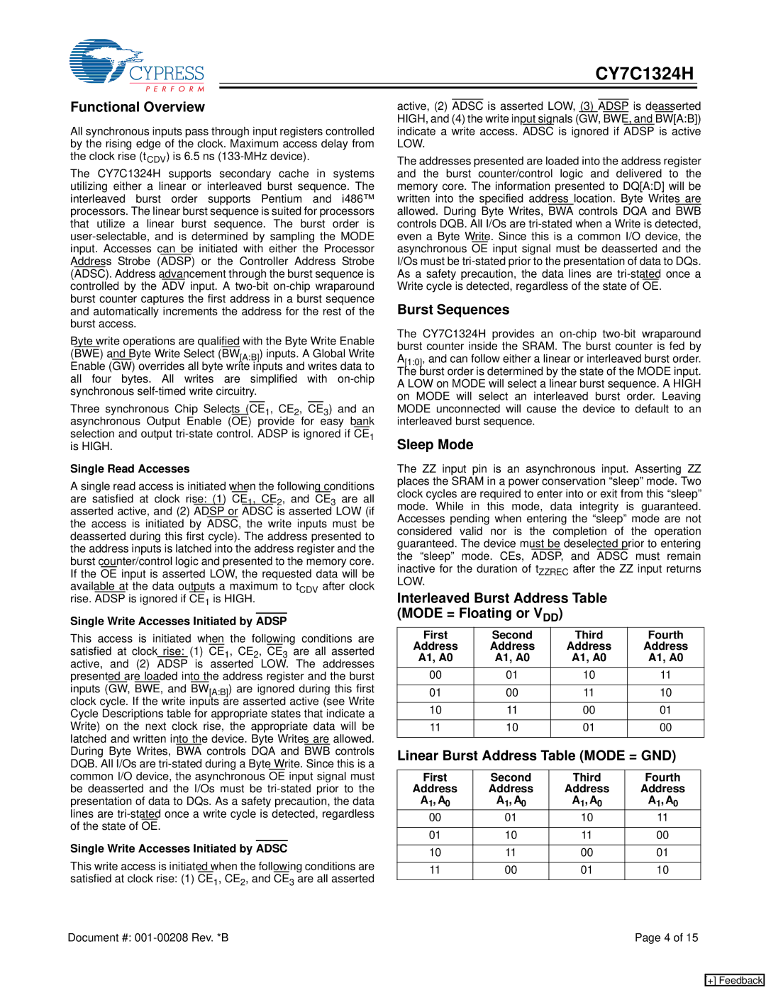 Cypress CY7C1324H Functional Overview, Burst Sequences, Sleep Mode, Interleaved Burst Address Table Mode = Floating or VDD 