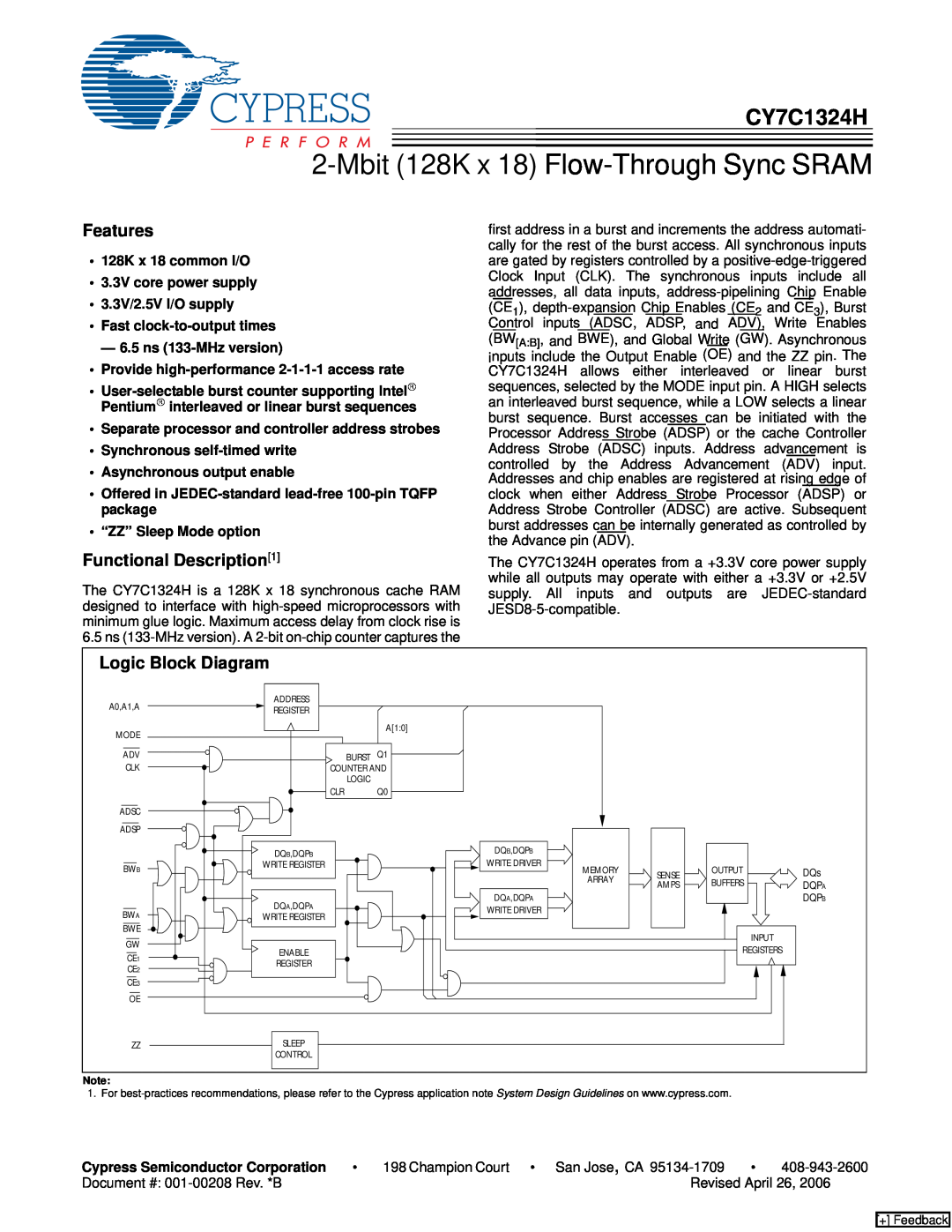Cypress CY7C1324H manual Features, Functional Description1, Logic Block Diagram, Mbit 128K x 18 Flow-Through Sync SRAM 