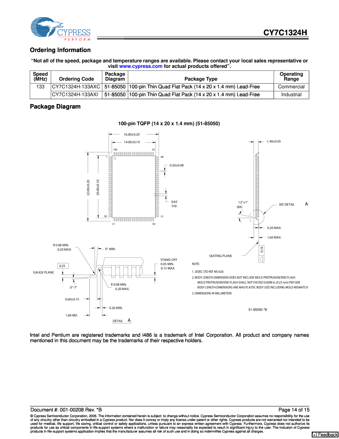 Cypress CY7C1324H manual Ordering Information, Package Diagram, Commercial, Industrial, Page 14 of 