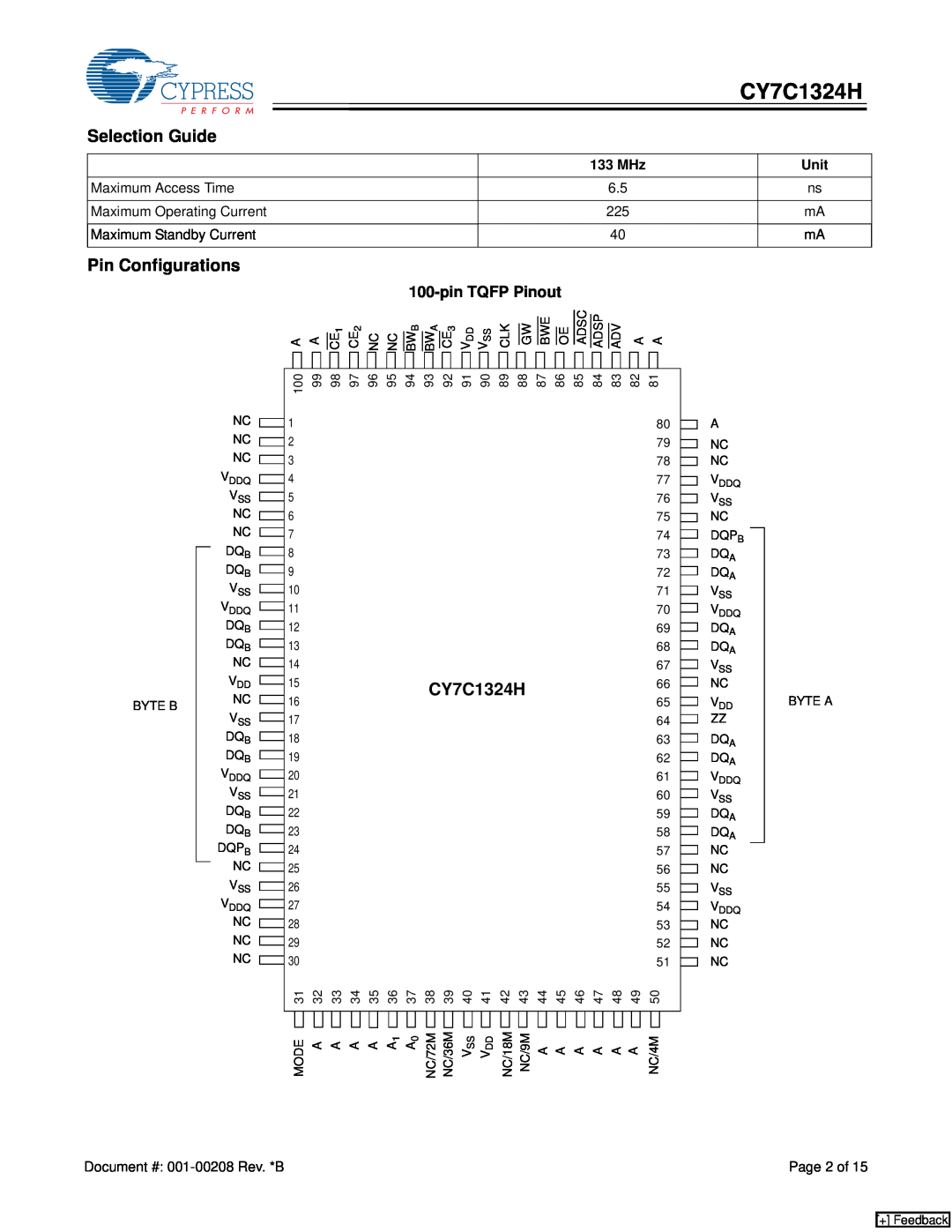 Cypress manual Selection Guide, Pin Configurations, 15CY7C1324H, pin TQFP Pinout, + Feedback 