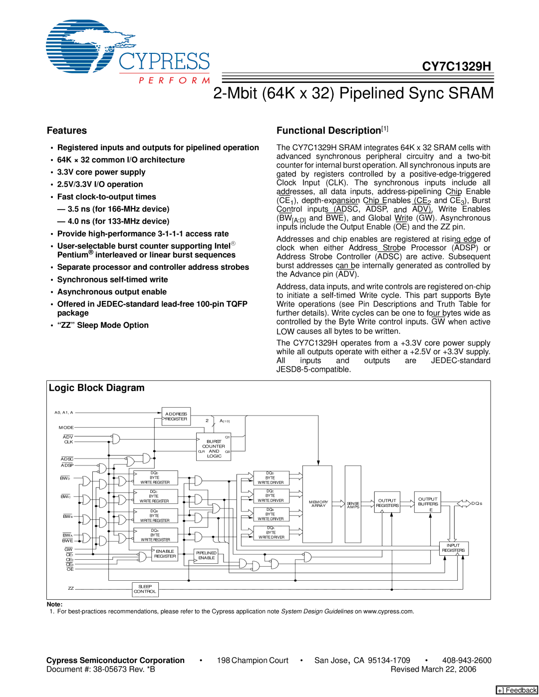 Cypress CY7C1329H manual Features, Logic Block Diagram, Cypress Semiconductor Corporation 