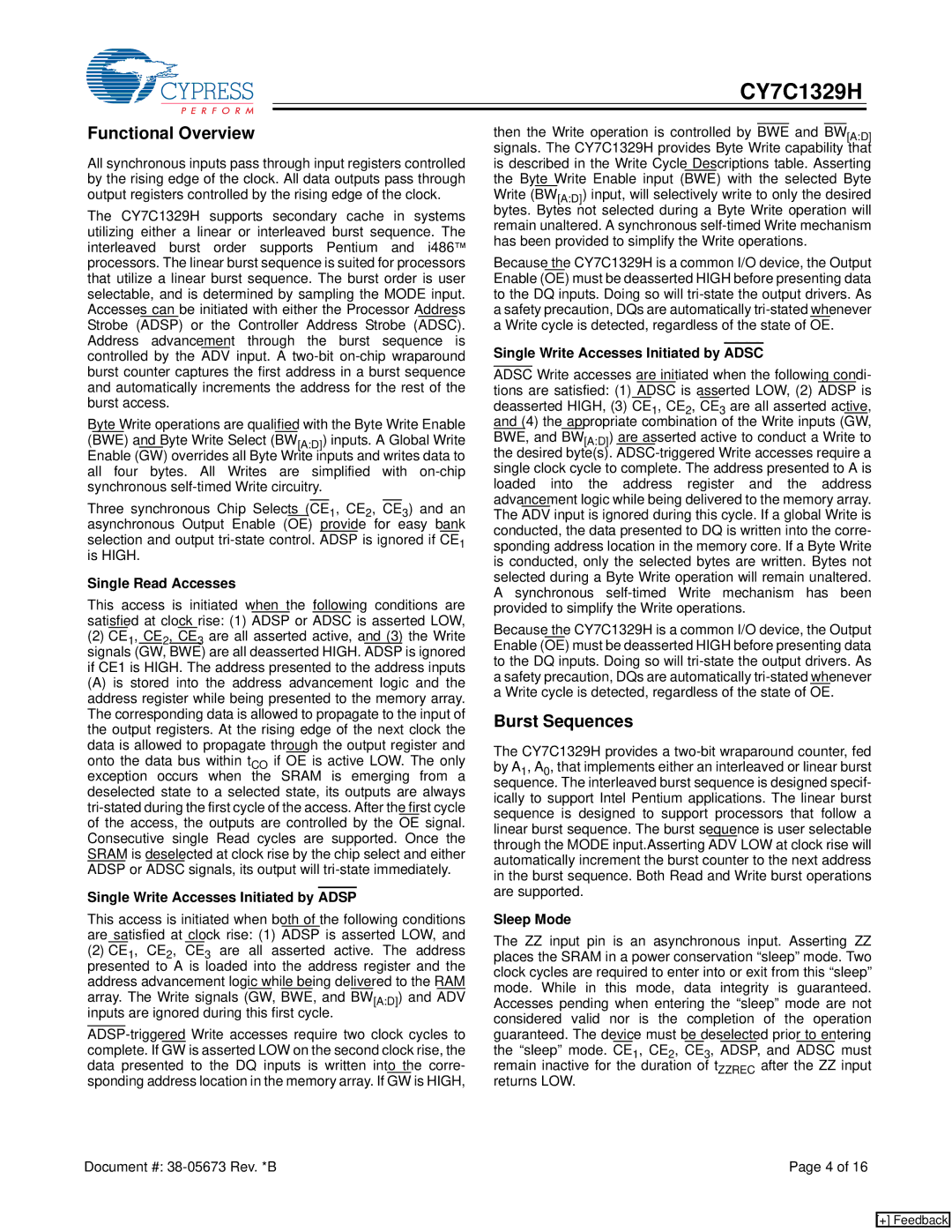 Cypress CY7C1329H manual Functional Overview, Burst Sequences 