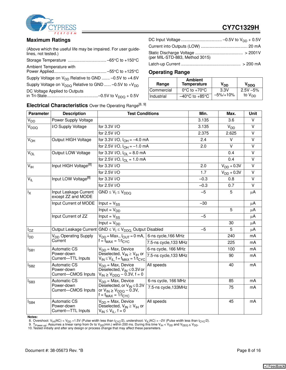 Cypress CY7C1329H manual Maximum Ratings, Electrical Characteristics Over the Operating Range8, Ambient Range 