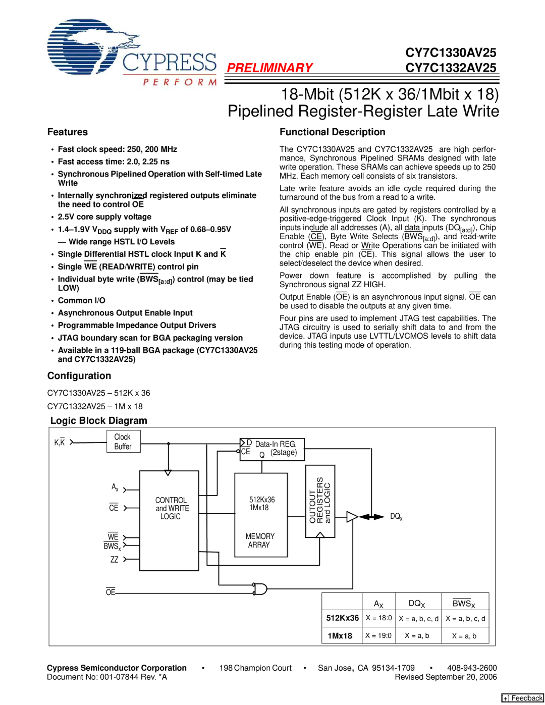 Cypress CY7C1332AV25, CY7C1330AV25 manual Features, Functional Description, Configuration, Logic Block Diagram 