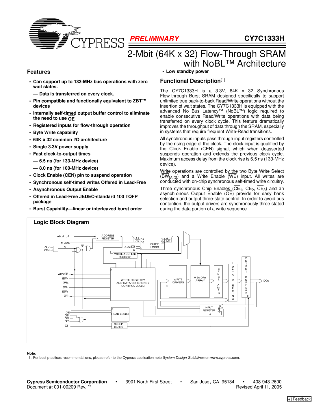 Cypress CY7C1333H manual Features, Functional Description1, Logic Block Diagram, Cypress Semiconductor Corporation 