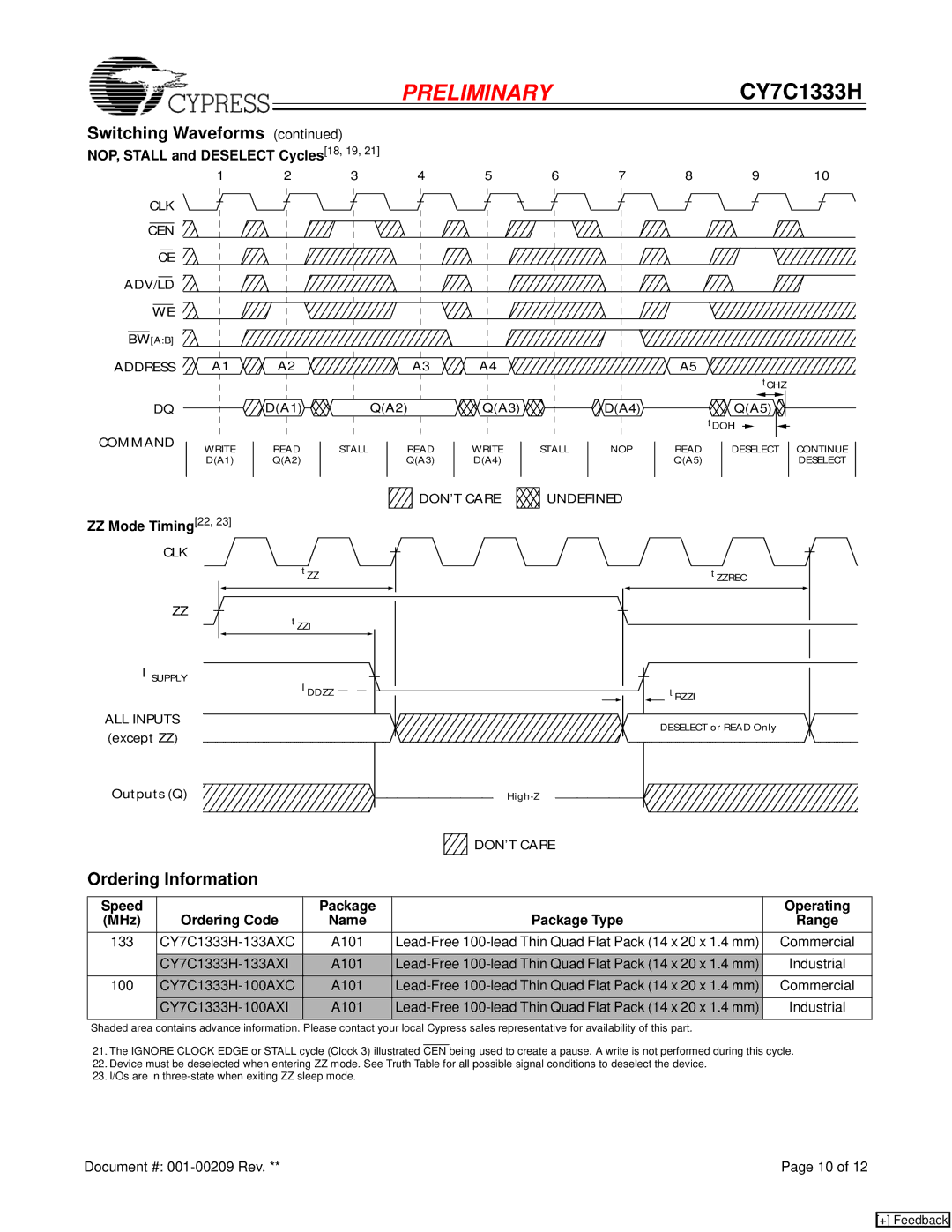 Cypress CY7C1333H manual Ordering Information, NOP, Stall and Deselect Cycles18, 19, ZZ Mode Timing22 