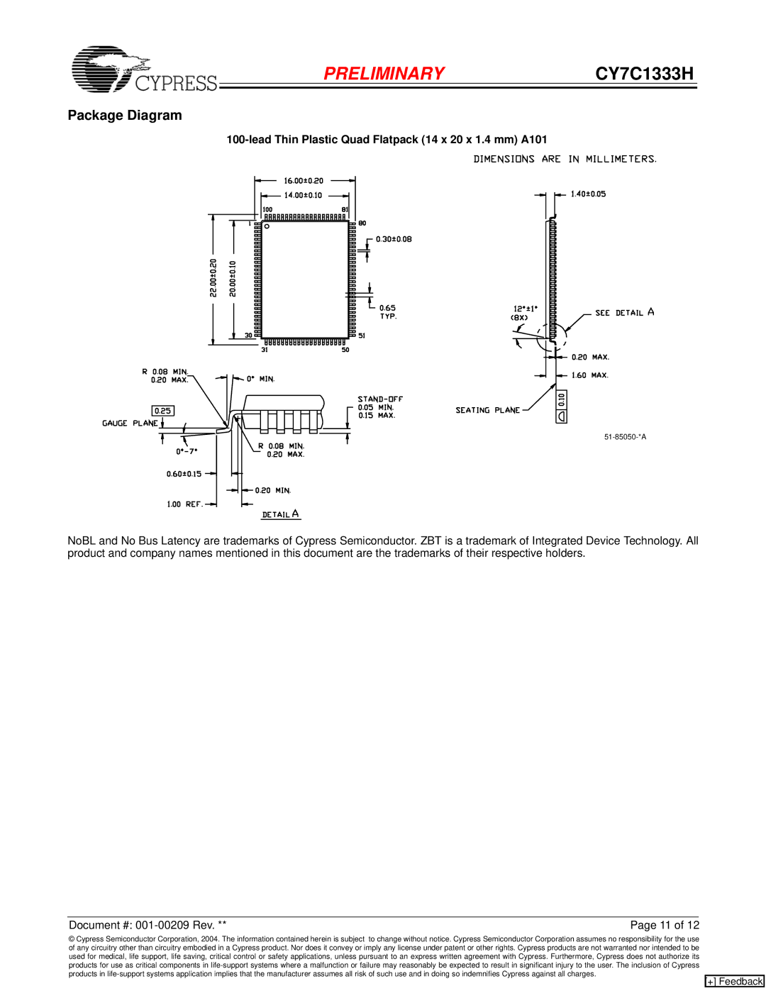 Cypress CY7C1333H manual Package Diagram, Lead Thin Plastic Quad Flatpack 14 x 20 x 1.4 mm A101 