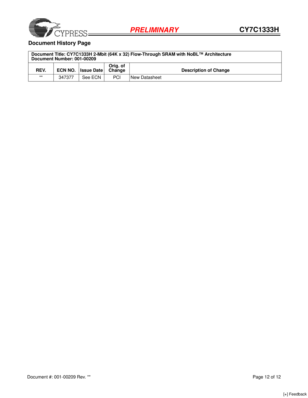 Cypress CY7C1333H manual Document History, Issue Date Orig. Description of Change 347377, New Datasheet 