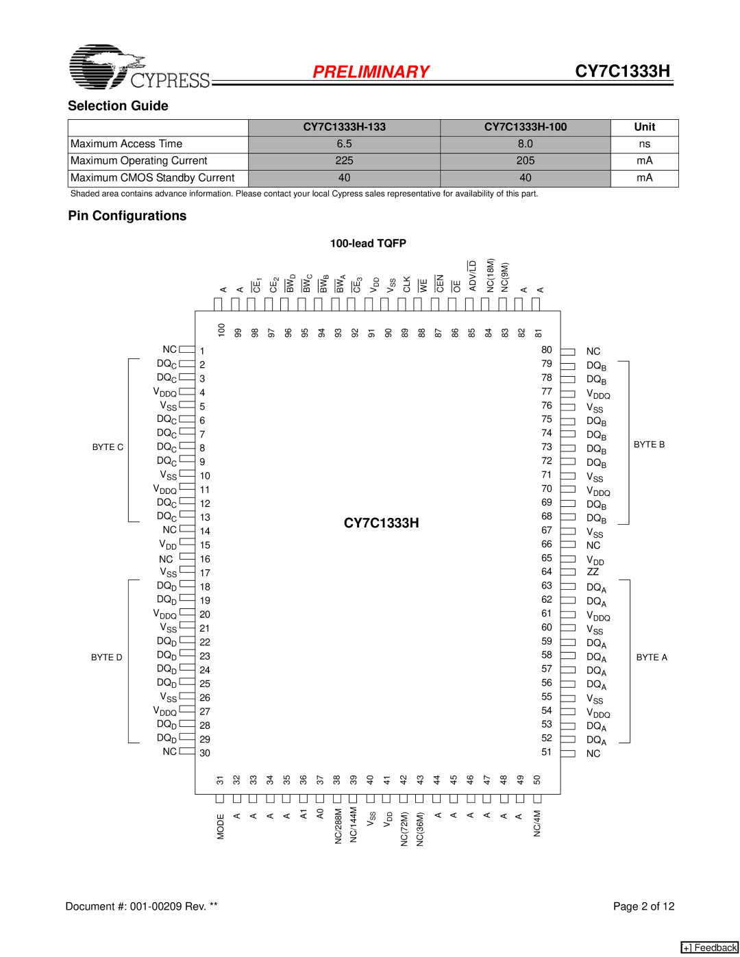 Cypress manual Selection Guide, Pin Configurations, CY7C1333H-133 CY7C1333H-100 Unit, Lead Tqfp 