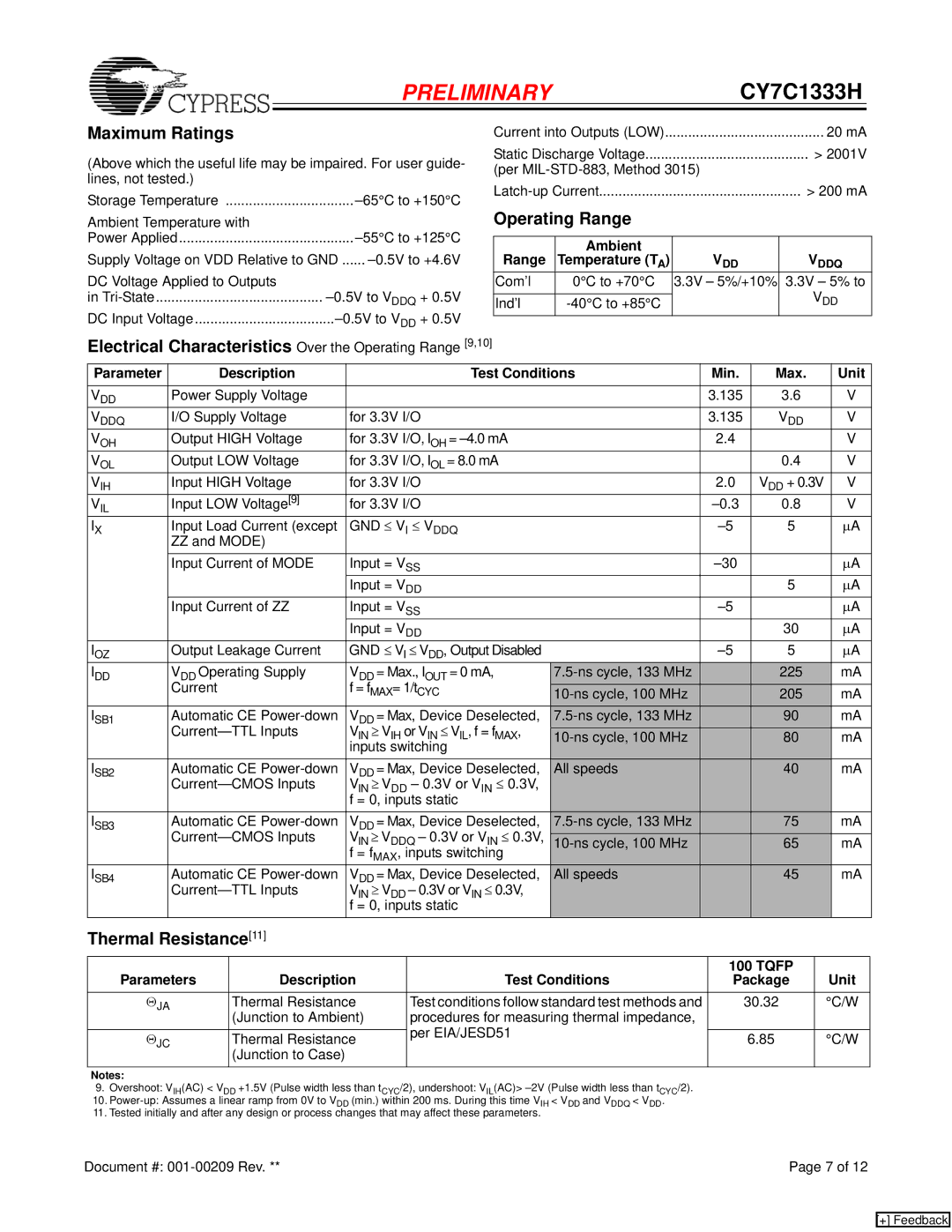 Cypress CY7C1333H manual Maximum Ratings, Operating Range, Thermal Resistance11 