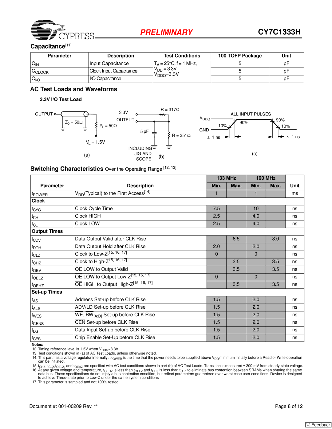 Cypress CY7C1333H manual Capacitance, AC Test Loads and Waveforms, Switching Characteristics Over the Operating Range 12 