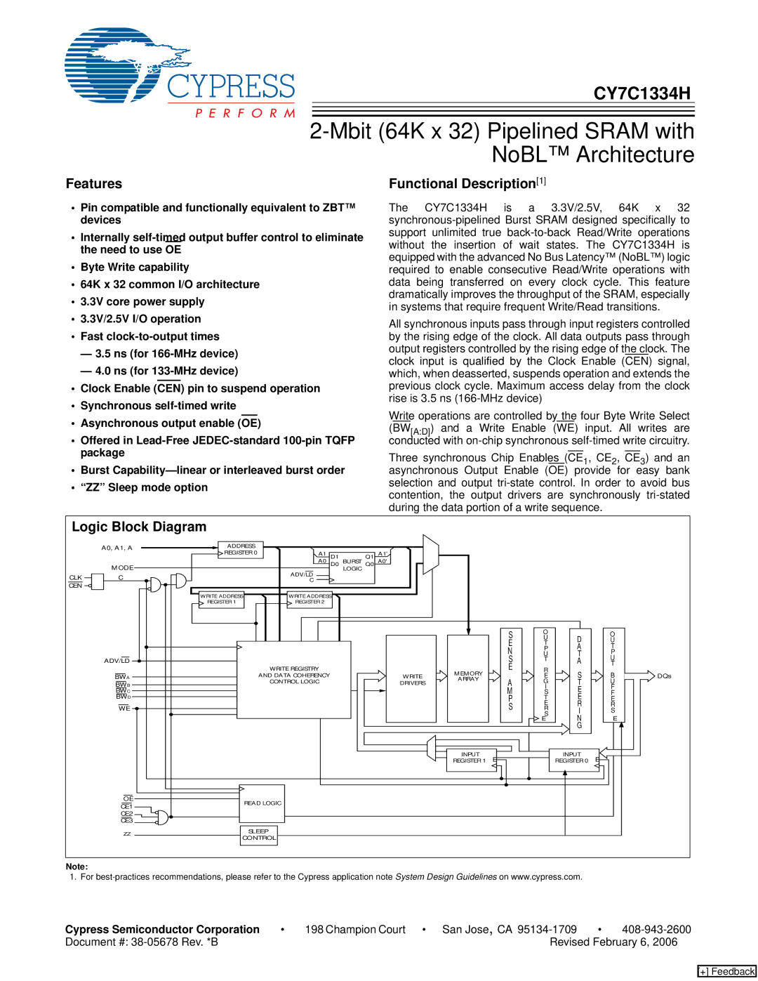 Cypress CY7C1334H manual Features, Logic Block Diagram, Cypress Semiconductor Corporation 