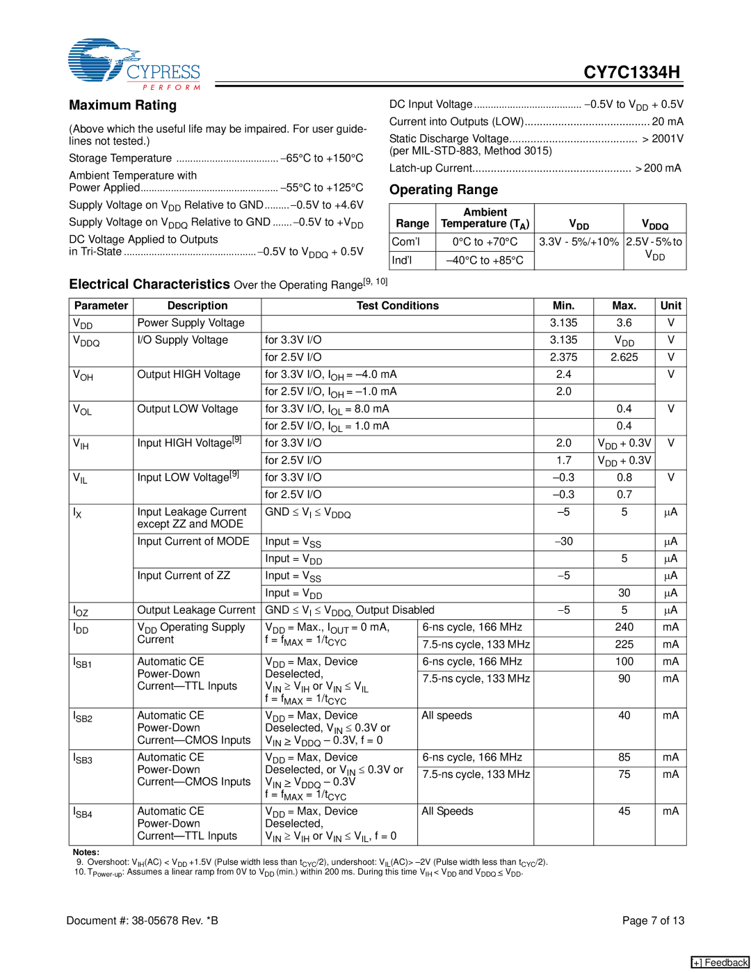 Cypress CY7C1334H manual Maximum Rating, Operating Range, Ambient Range 