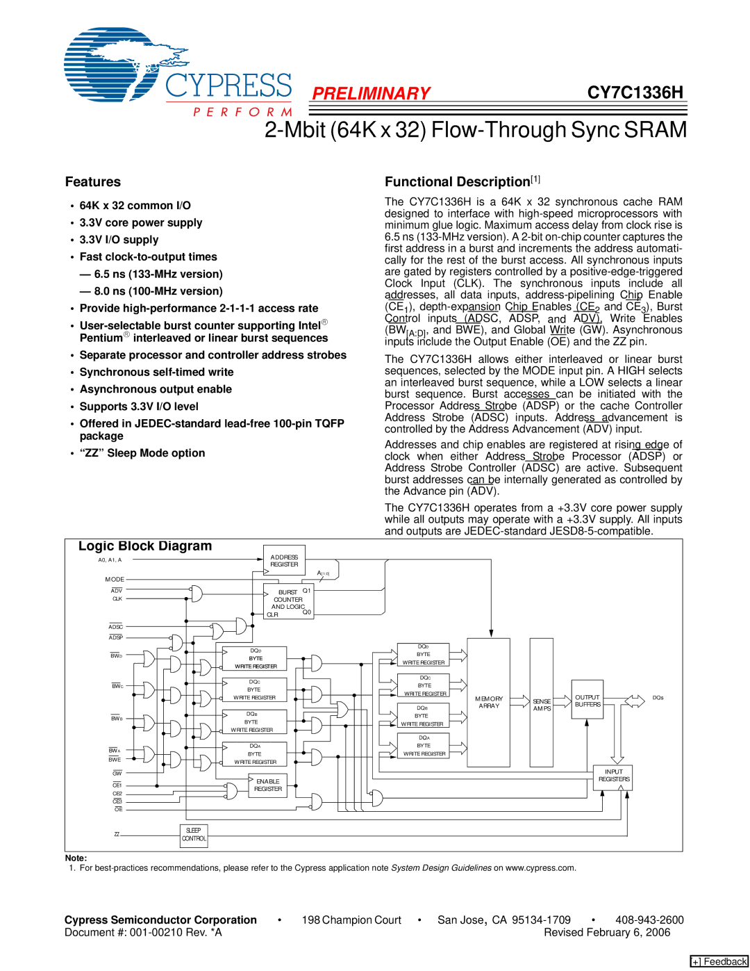 Cypress CY7C1336H manual Features, Functional Description1, Logic Block Diagram, Cypress Semiconductor Corporation 