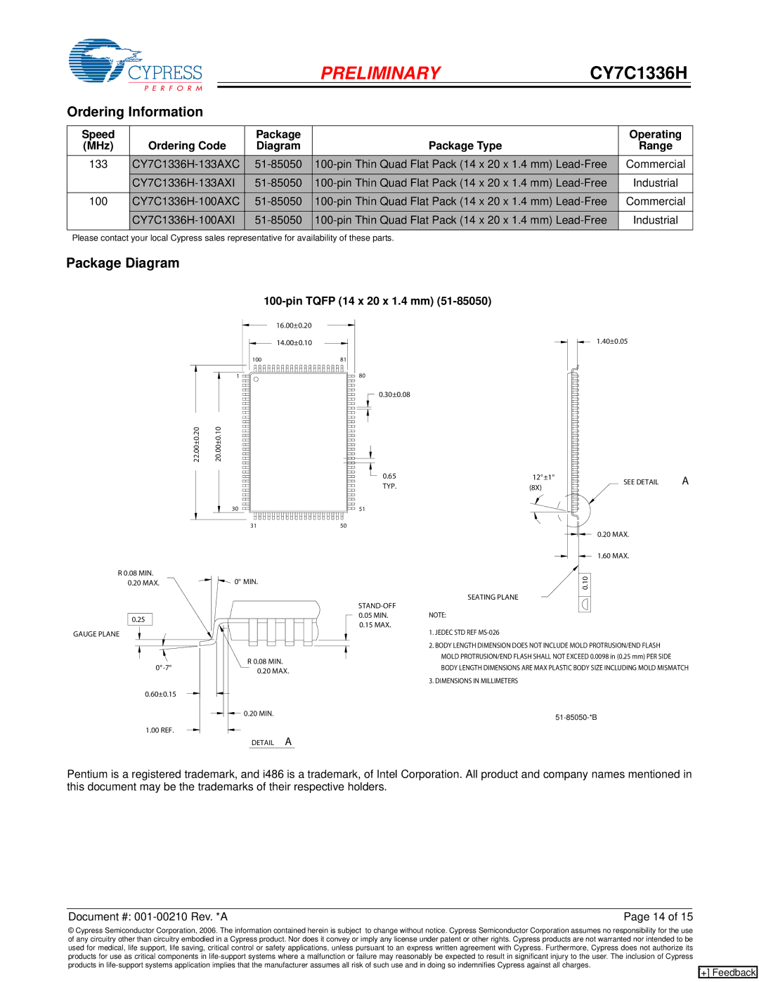 Cypress CY7C1336H manual Ordering Information, Package Diagram, Pin Tqfp 14 x 20 x 1.4 mm 