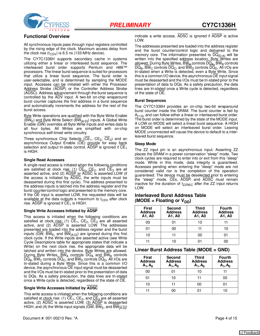 Cypress CY7C1336H manual Functional Overview, Interleaved Burst Address Table Mode = Floating or VDD 