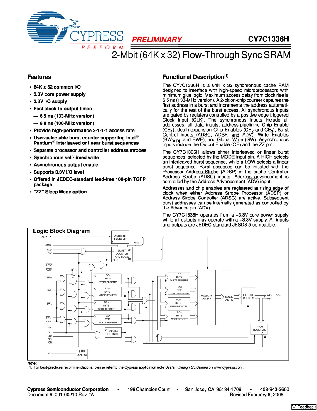 Cypress manual PRELIMINARYCY7C1336H, Features, Functional Description1, Logic Block Diagram 