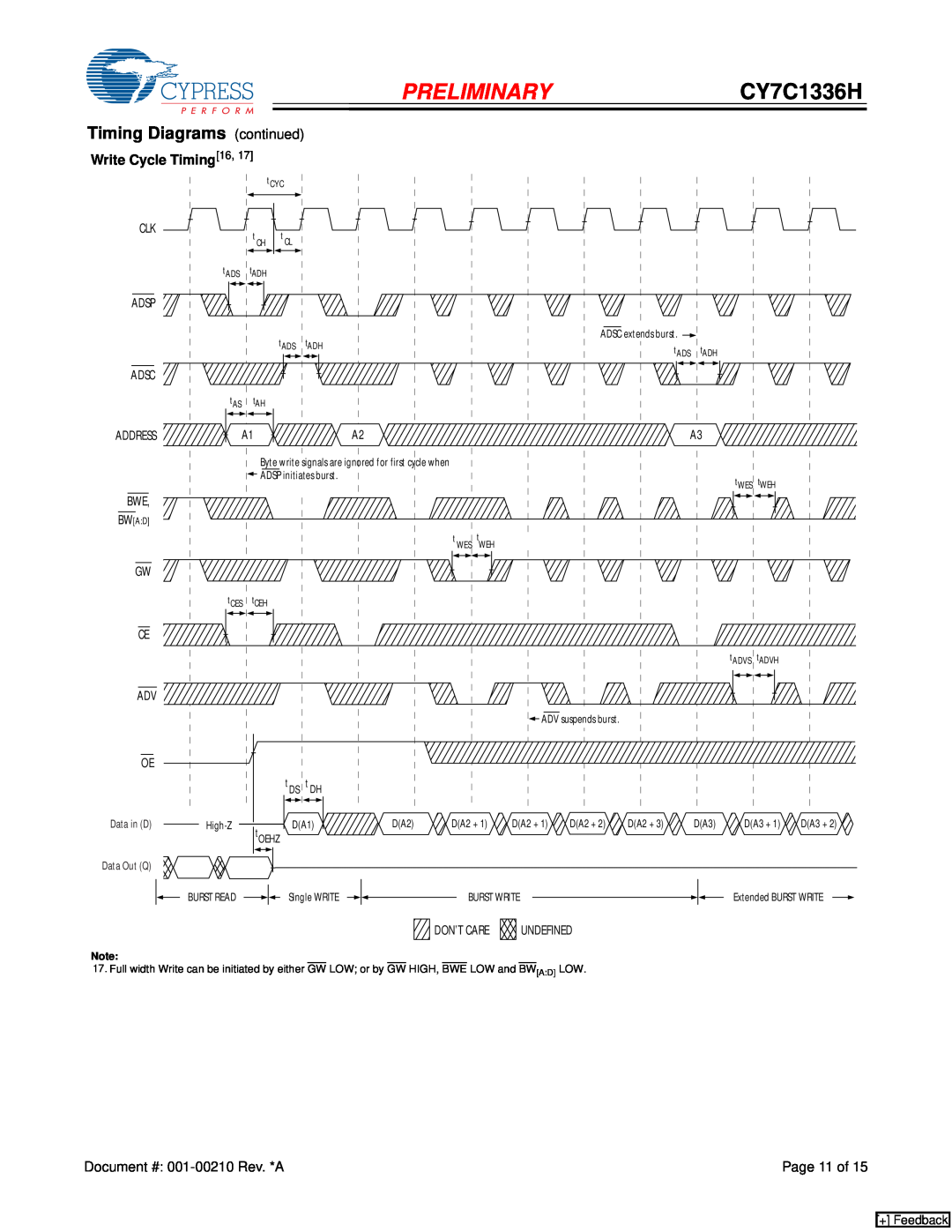 Cypress manual Timing Diagrams continued, PRELIMINARYCY7C1336H, Write Cycle Timing16, + Feedback 