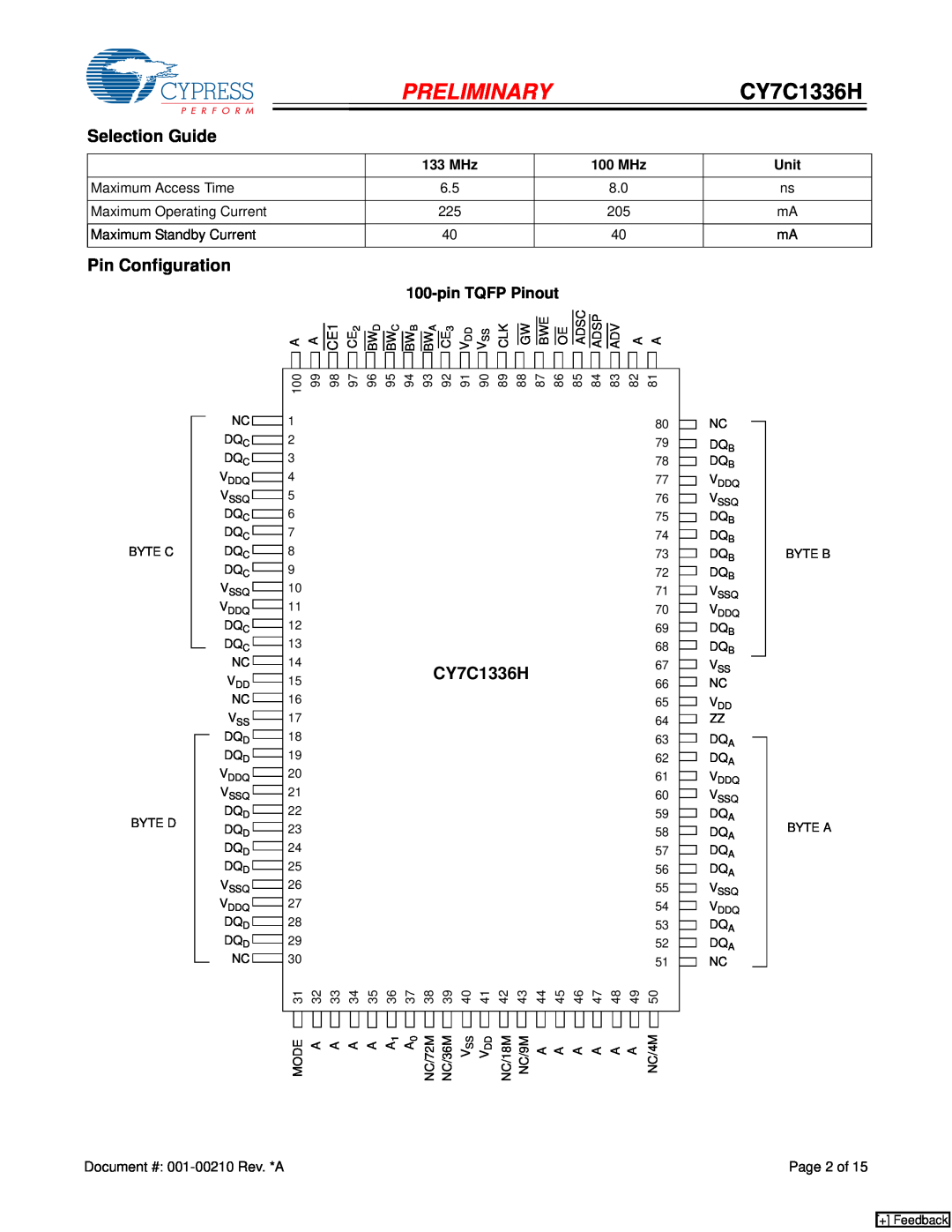 Cypress manual Preliminary, Selection Guide, Pin Configuration, 15CY7C1336H, pin TQFP Pinout, + Feedback 