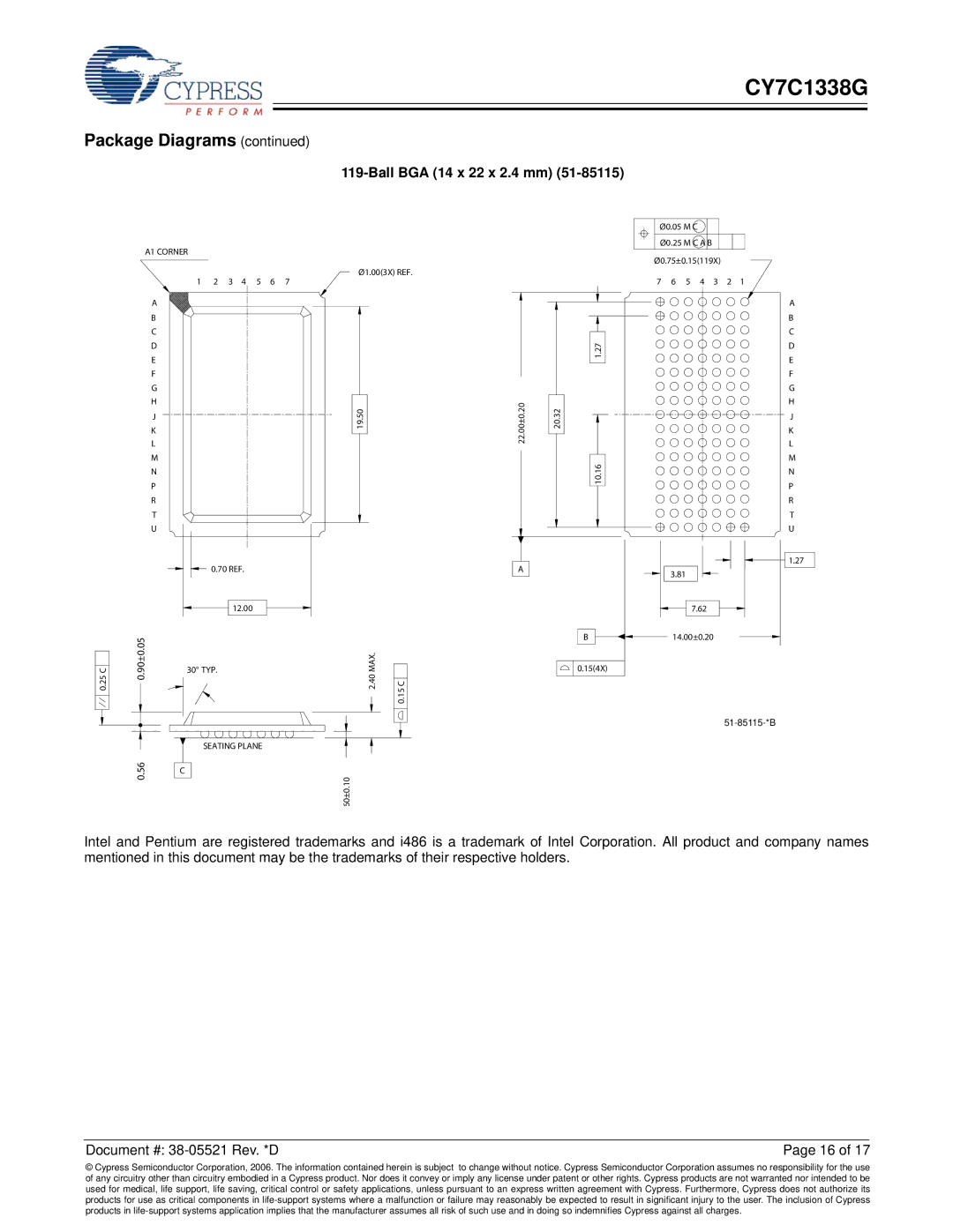 Cypress CY7C1338G manual Ball BGA 14 x 22 x 2.4 mm 