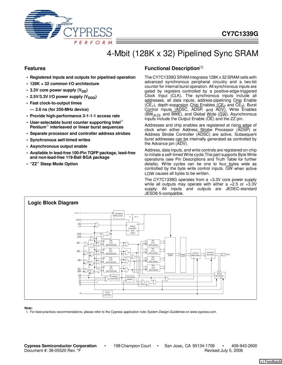 Cypress CY7C1339G manual Features, Functional Description1, Logic Block Diagram, Cypress Semiconductor Corporation 