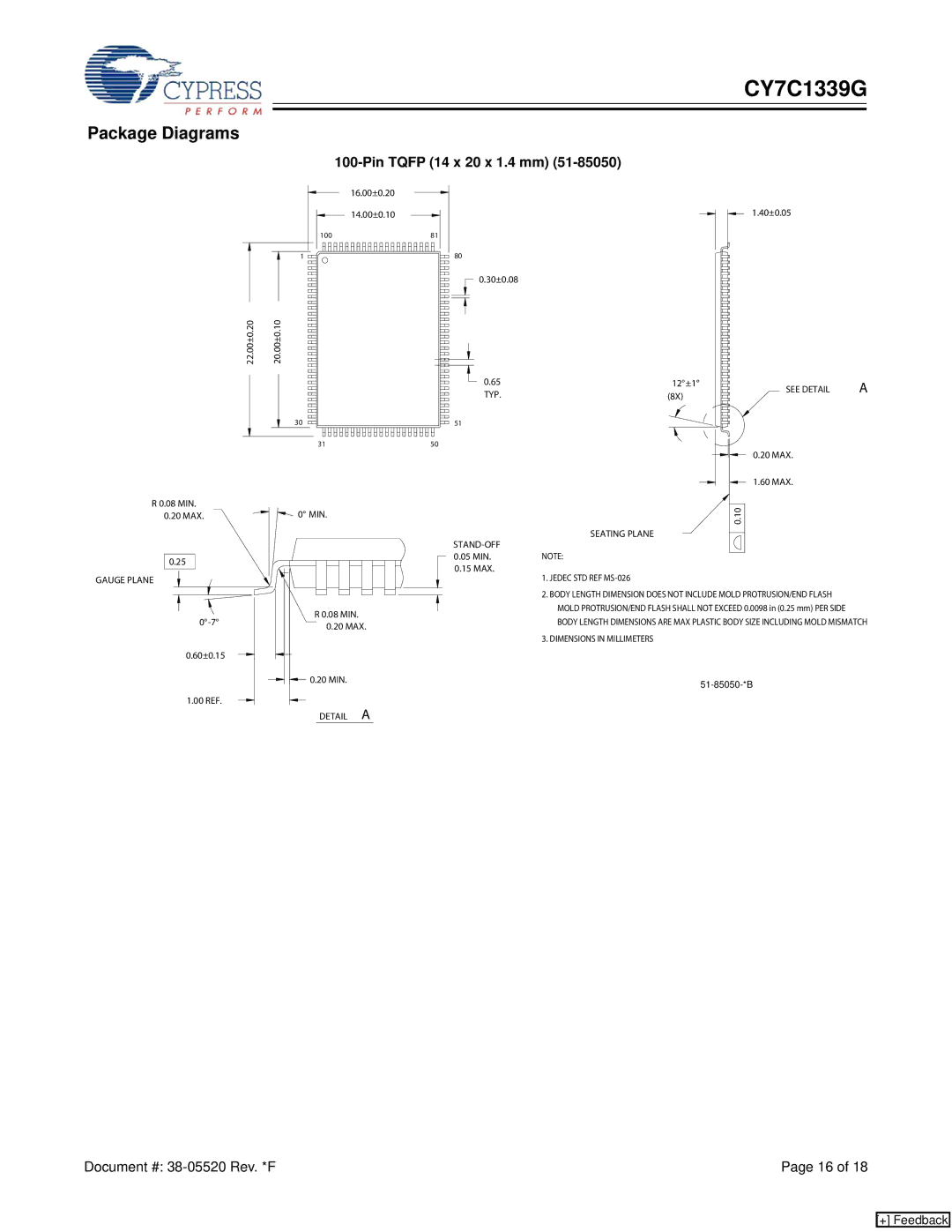 Cypress CY7C1339G manual Package Diagrams, Pin Tqfp 14 x 20 x 1.4 mm 