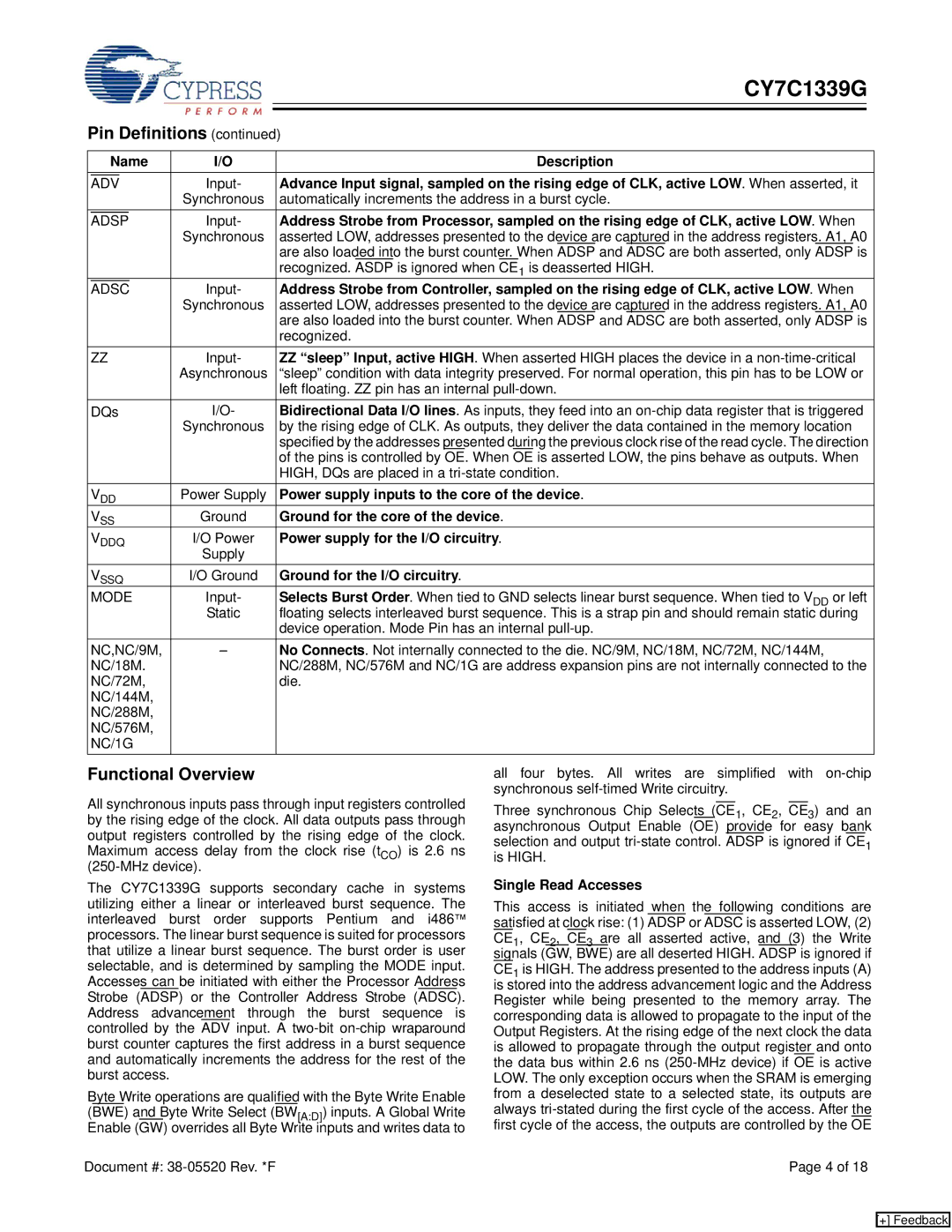 Cypress CY7C1339G manual Functional Overview 