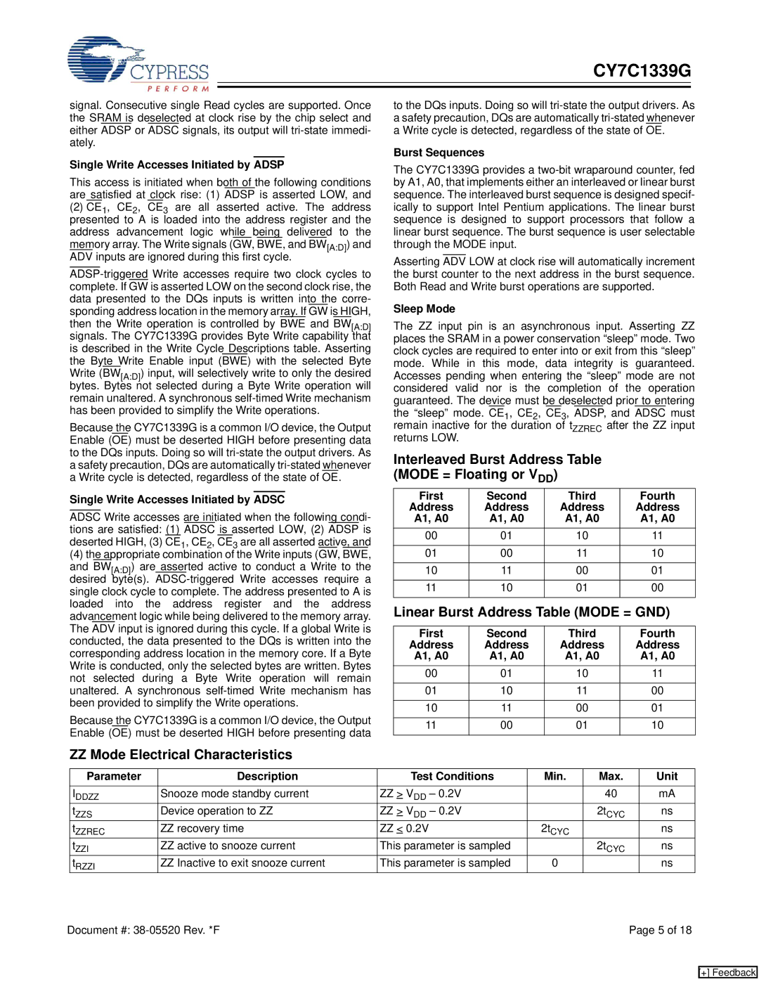 Cypress CY7C1339G manual Interleaved Burst Address Table Mode = Floating or VDD, Linear Burst Address Table Mode = GND 