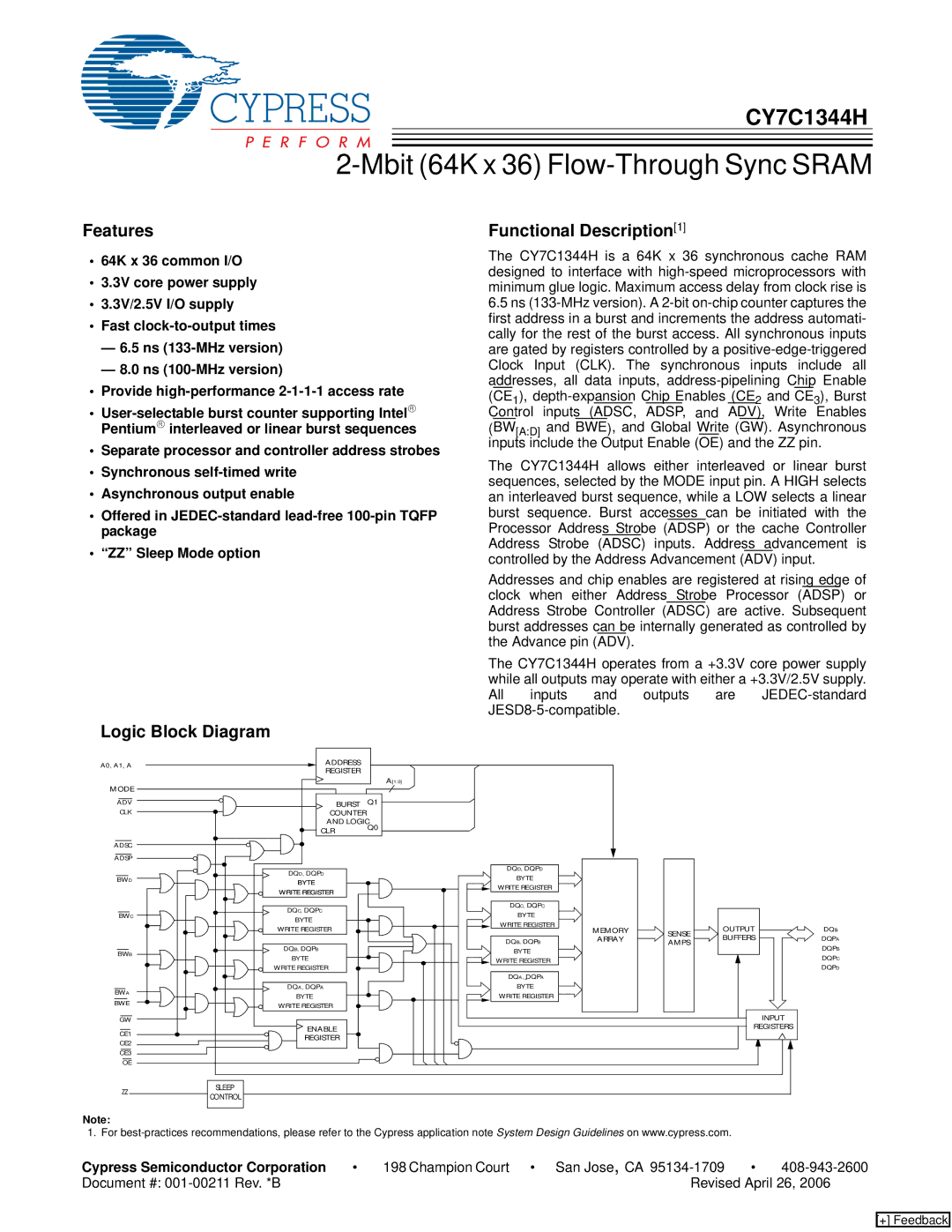 Cypress CY7C1344H manual Features, Logic Block Diagram Functional Description1, Cypress Semiconductor Corporation 