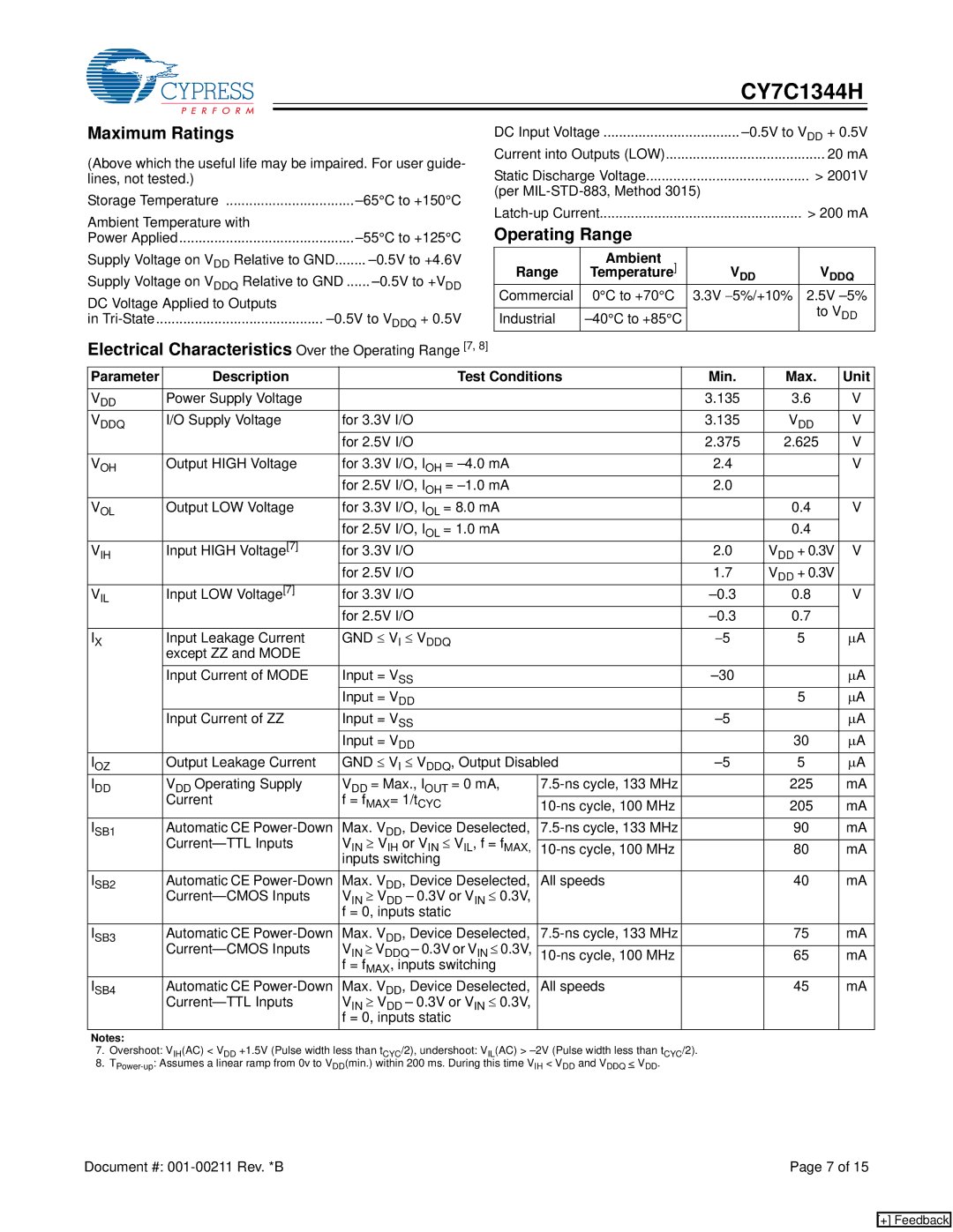 Cypress CY7C1344H manual Maximum Ratings, Operating Range, Ambient Range, Description Test Conditions Min Max Unit 