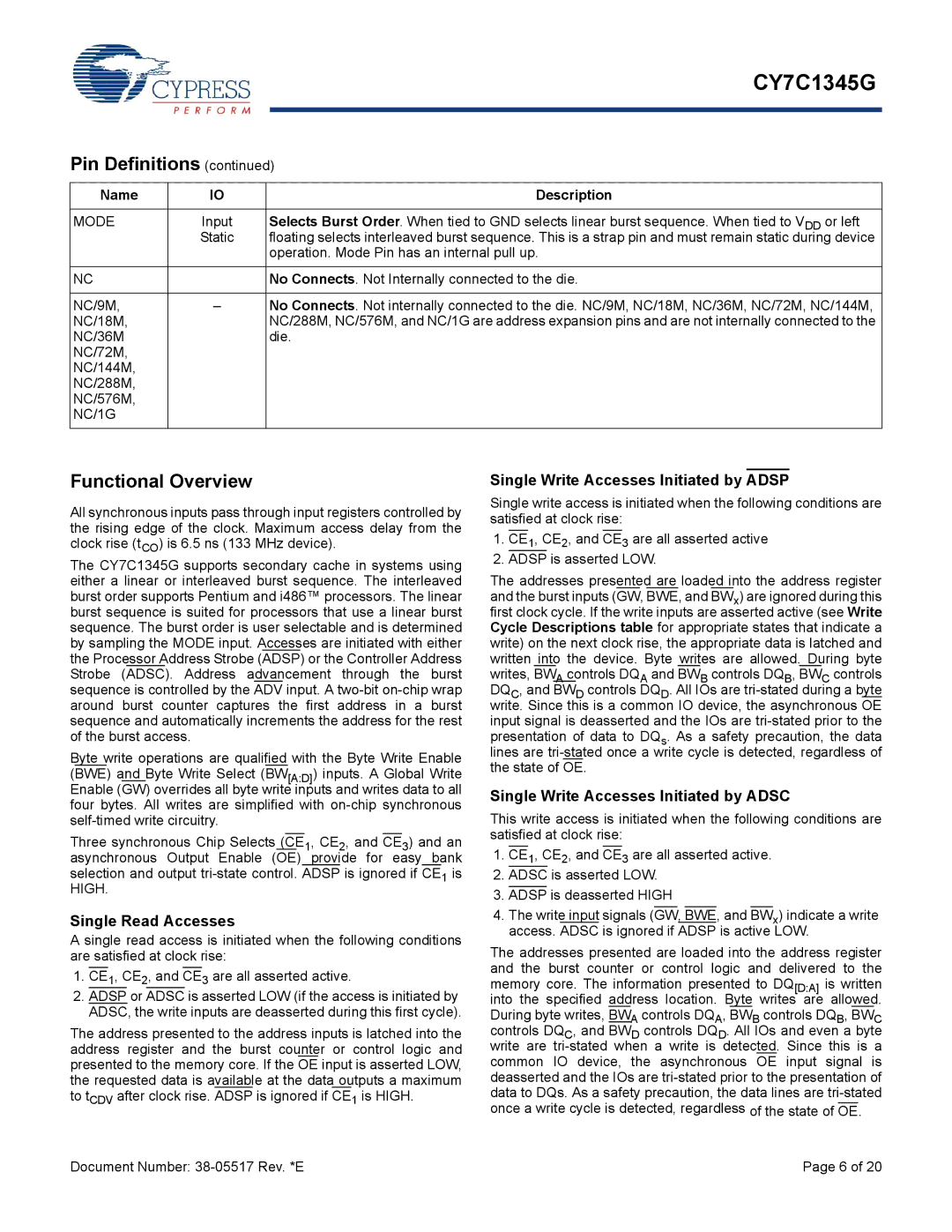 Cypress CY7C1345G manual Functional Overview, Static, Operation. Mode Pin has an internal pull up 