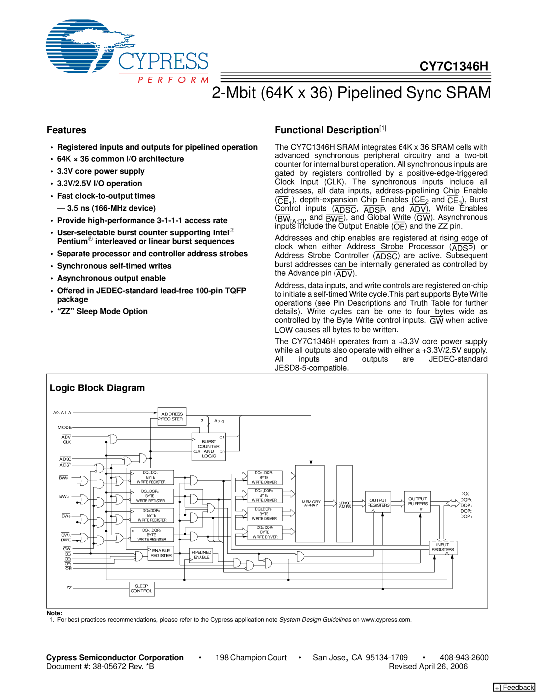 Cypress CY7C1346H manual Features, Logic Block Diagram, Cypress Semiconductor Corporation 