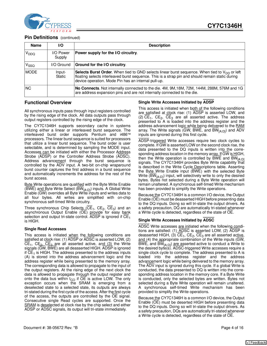 Cypress CY7C1346H manual Functional Overview 