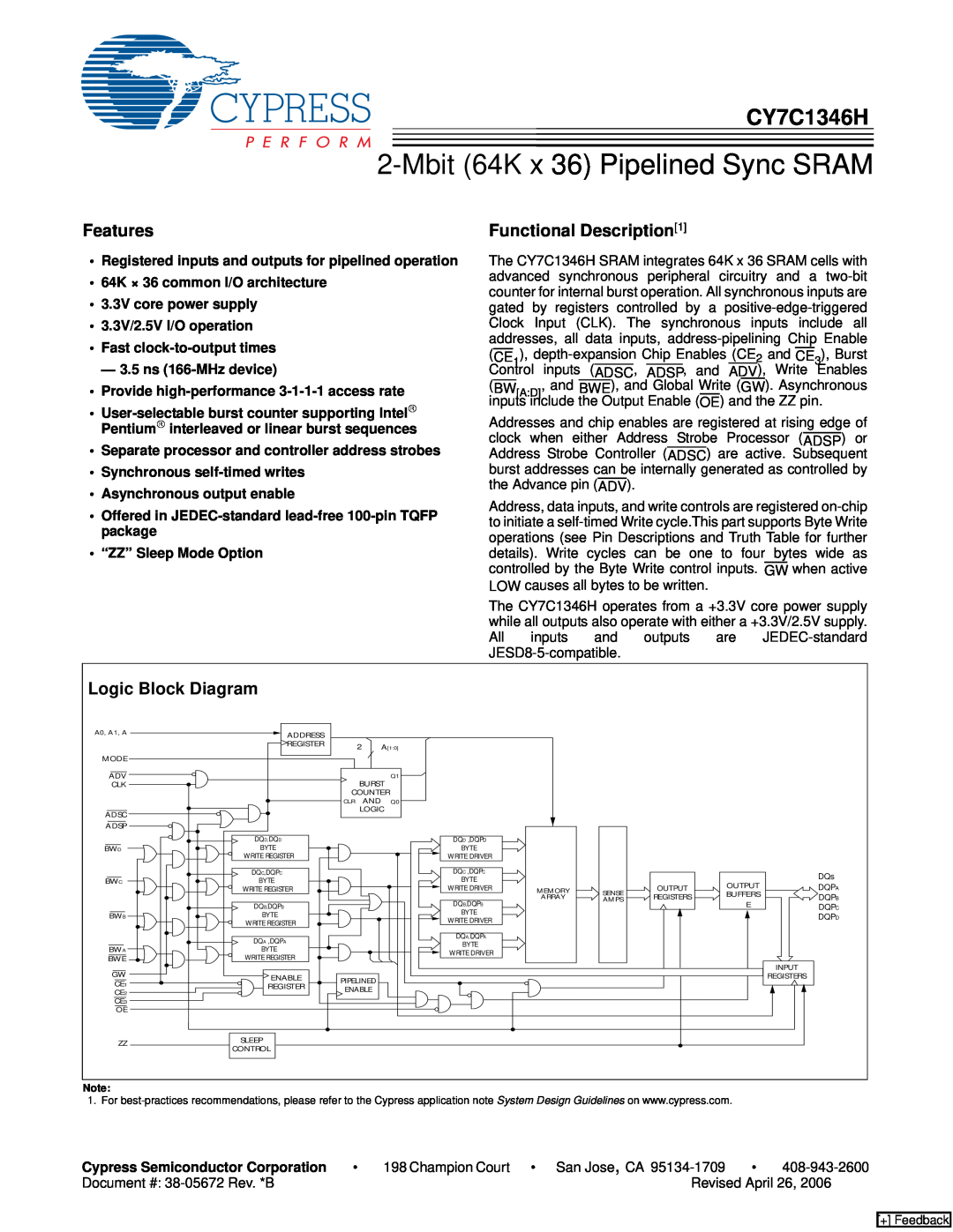 Cypress CY7C1346H manual Features, Logic Block Diagram, Functional Description, Mbit 64K x 36 Pipelined Sync SRAM 