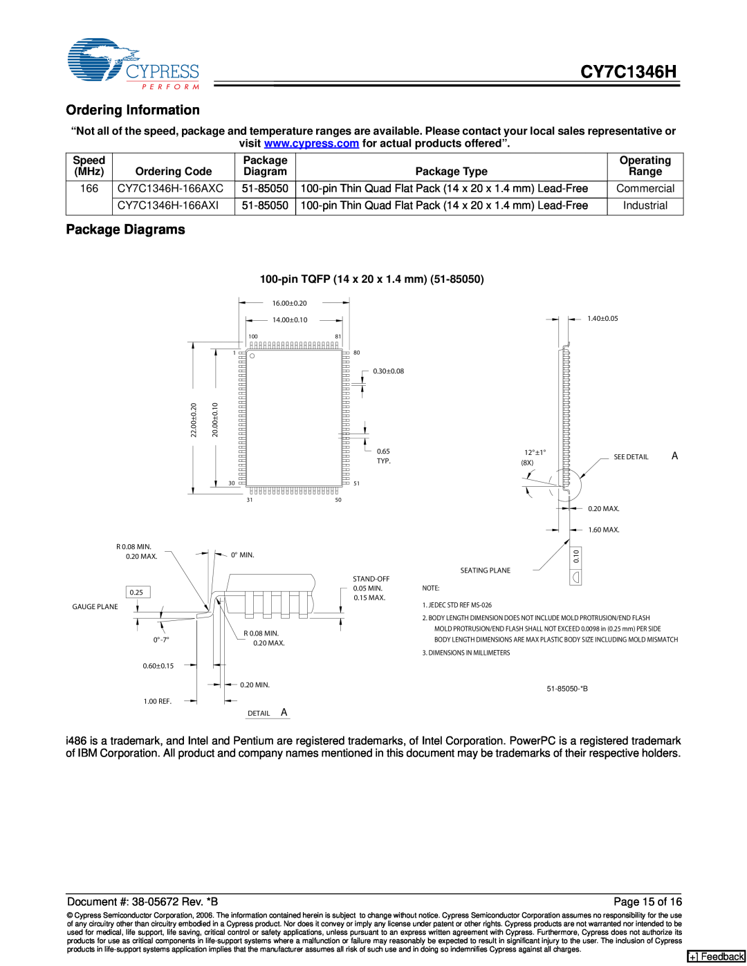 Cypress CY7C1346H manual Ordering Information, Package Diagrams, Commercial, Industrial, Page 15 of 