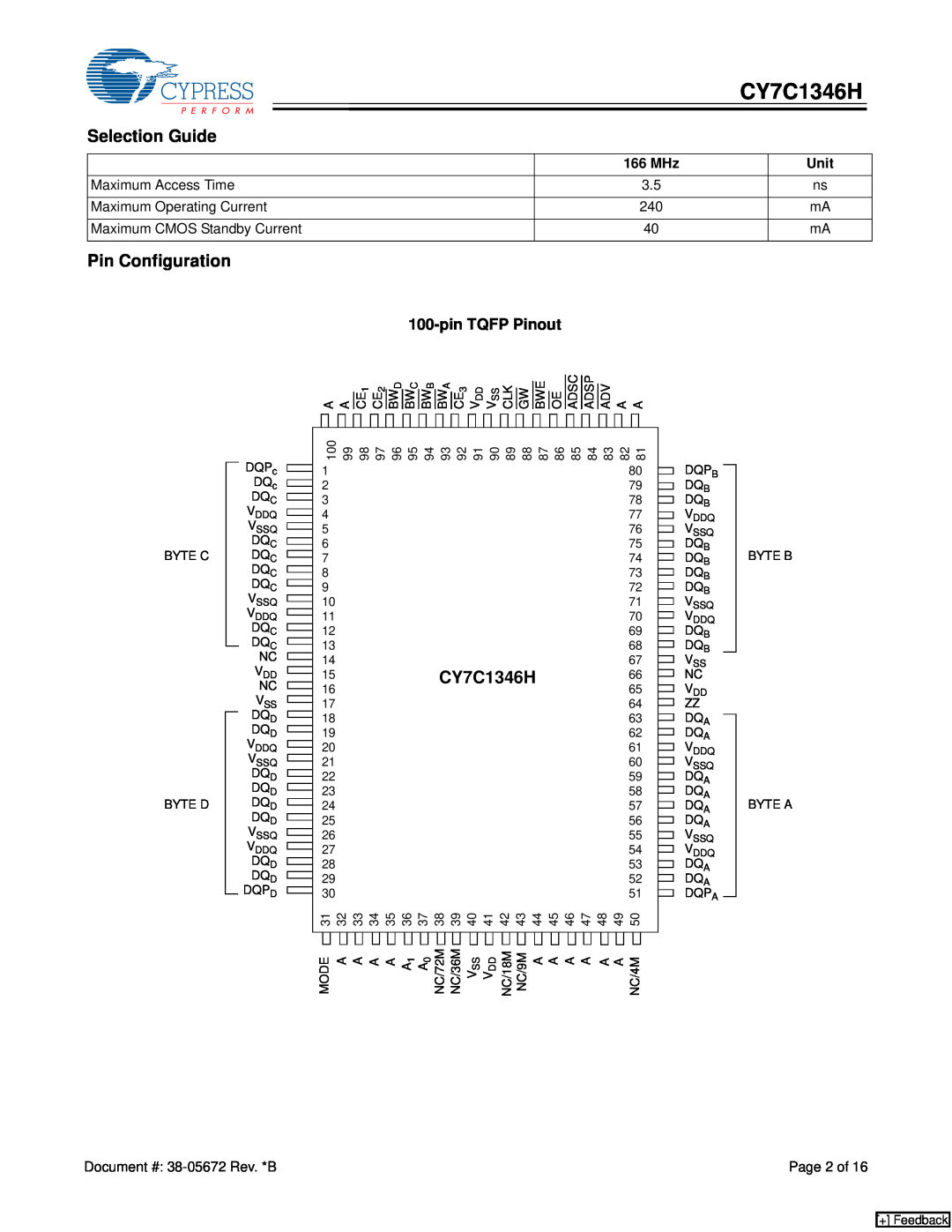 Cypress CY7C1346H manual Selection Guide, Pin Configuration, pin TQFP Pinout, + Feedback 