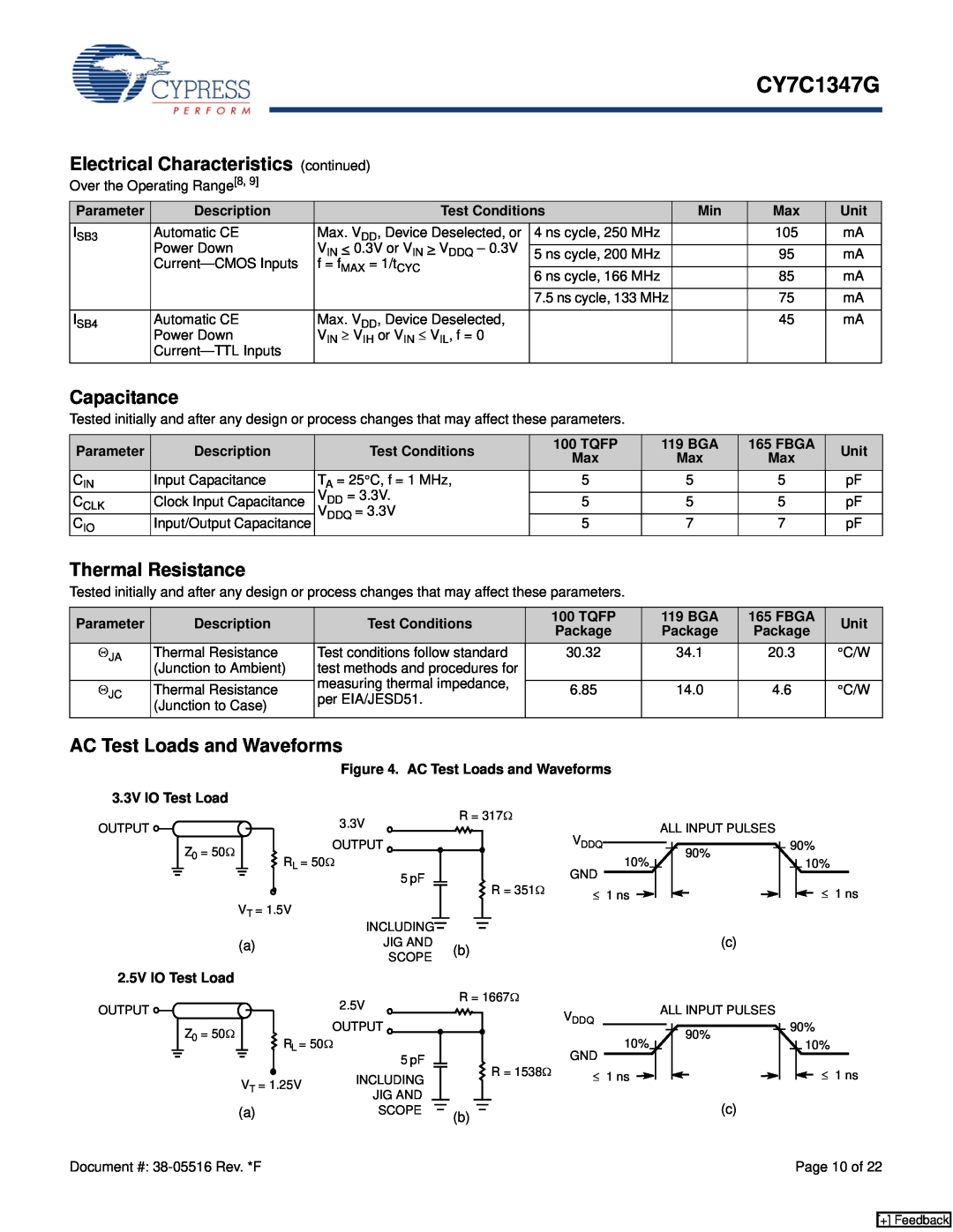 Cypress CY7C1347G manual Electrical Characteristics continued, Capacitance, Thermal Resistance, AC Test Loads and Waveforms 